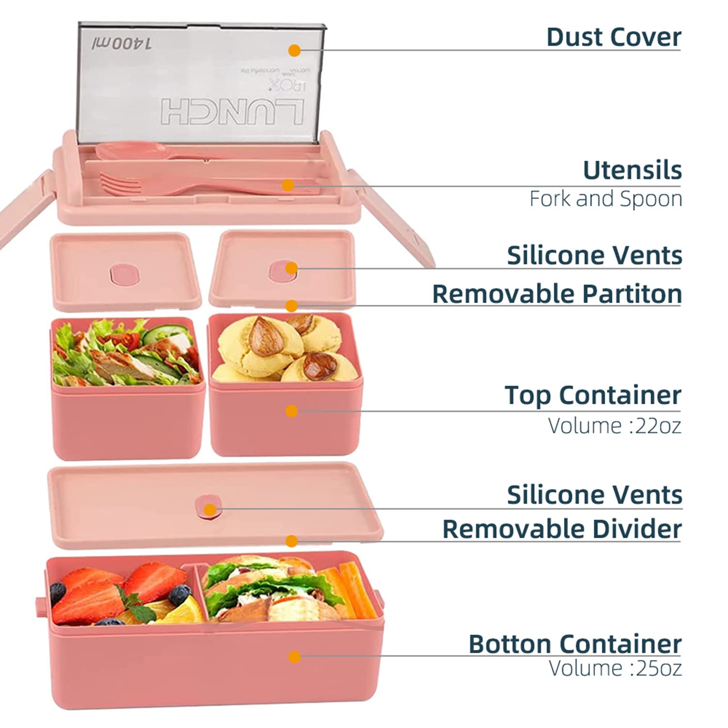 Lychico 1400ml Bento Box - 2 Layer Stackable Lunch Box with Spoon & Fork | Pink 3