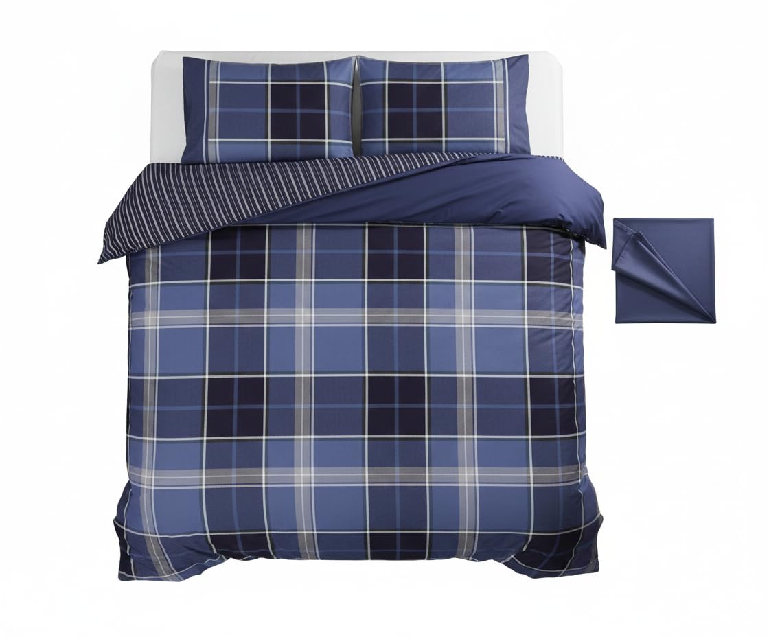Rapport Home Argyle Tartan Check Double Duvet Cover Set - Reversible Blue 1