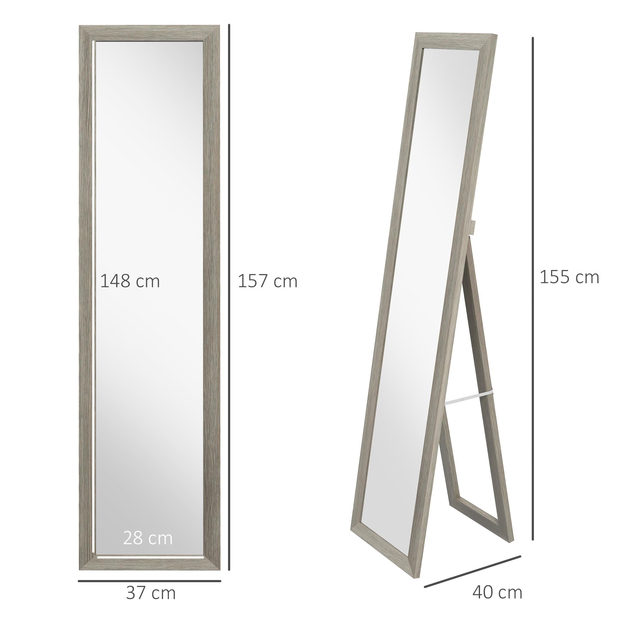 HOMCOM Full Length Floor Mirror - Grey Wood-Effect Frame | 157H x 37W cm | Wall Mount or Stand 7