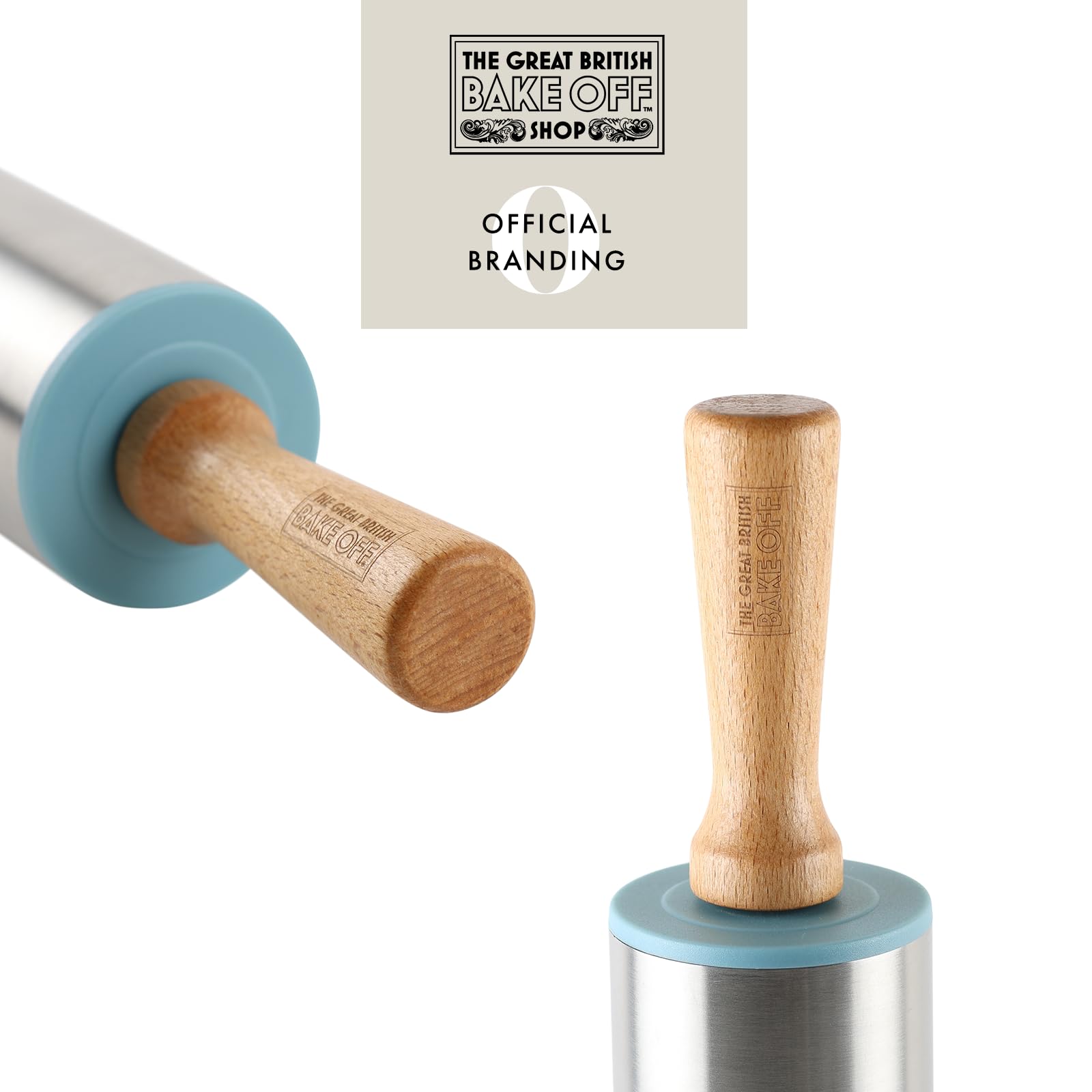 The Great British Bake Off Stainless Steel Rolling Pin with Beechwood Handles | Weighted Core | Duck Egg Blue Accents 4
