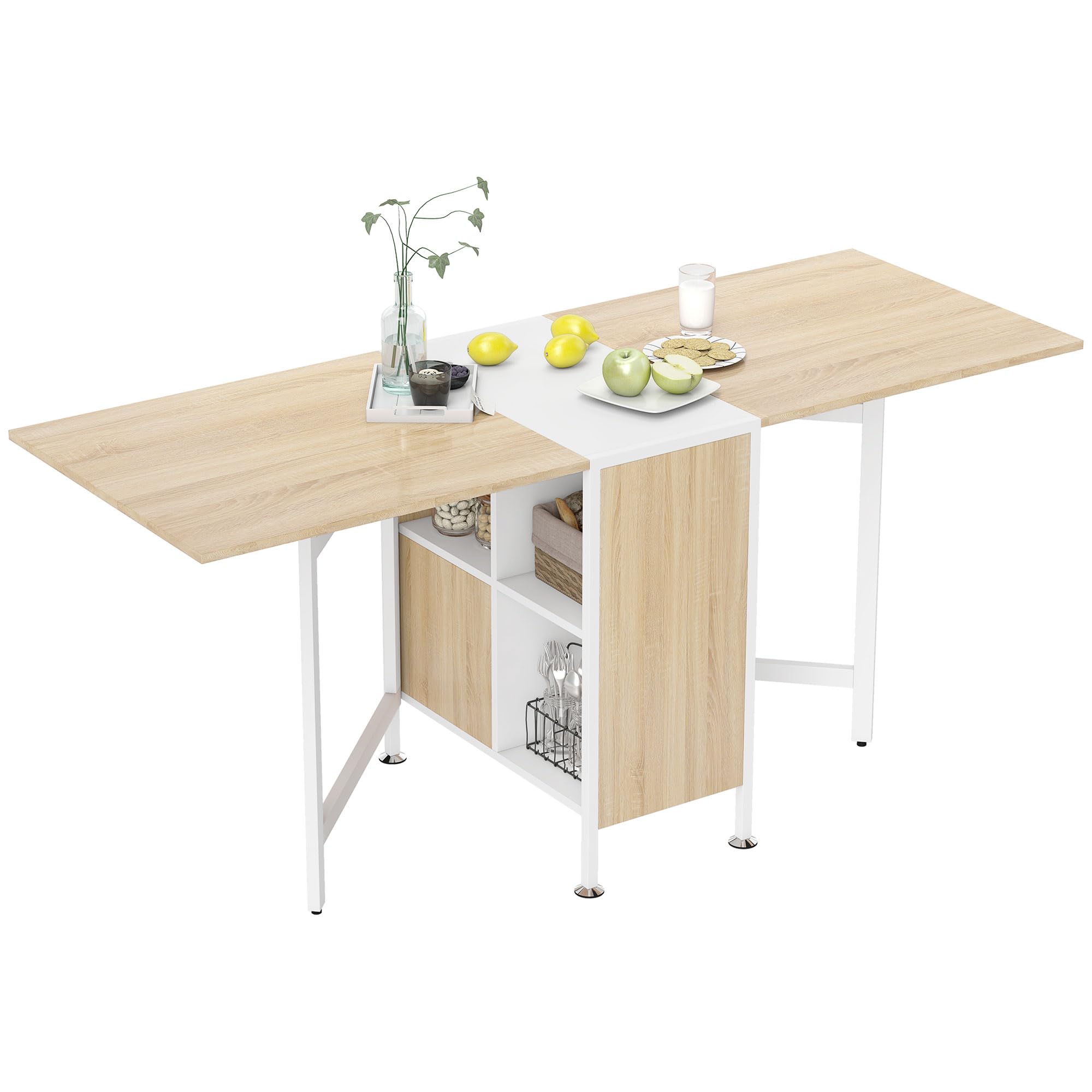 HOMCOM Foldable Drop Leaf Dining Table with Storage Shelf | Oak/White | Extends to 169L cm