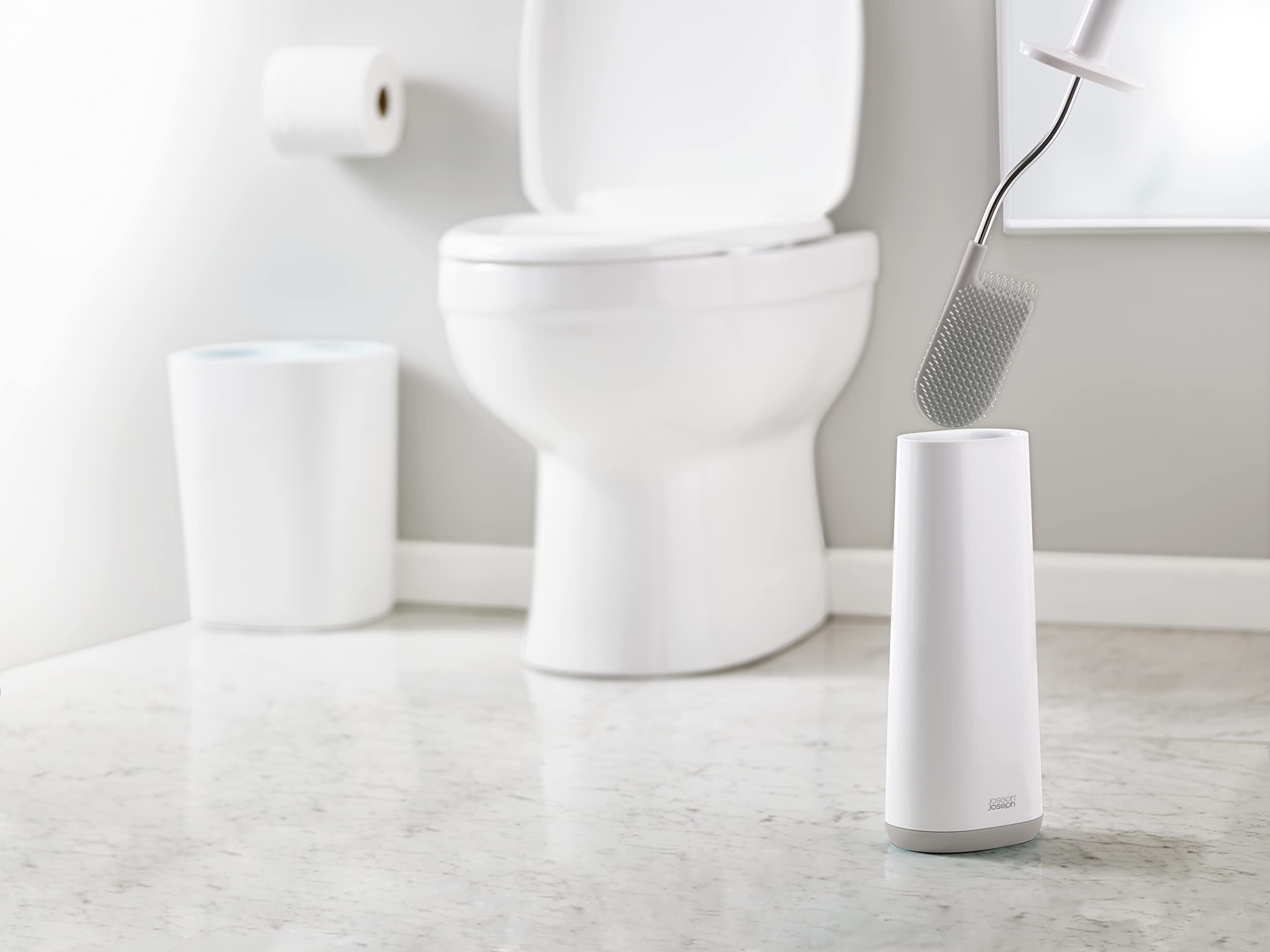 Joseph Joseph Flex Toilet Brush and Holder Set - Flexible D-Shaped Head | Anti-Drip | White/Grey 5