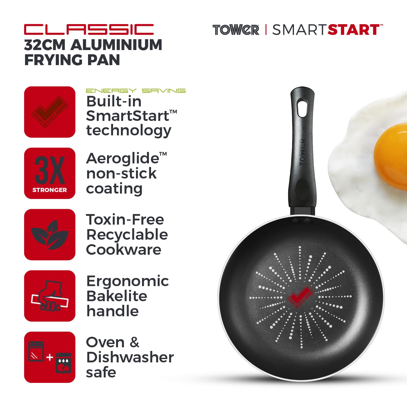 Tower T700303 SmartStart Classic 32cm Aluminium Frying Pan with Aeroglide Non-Stick 2