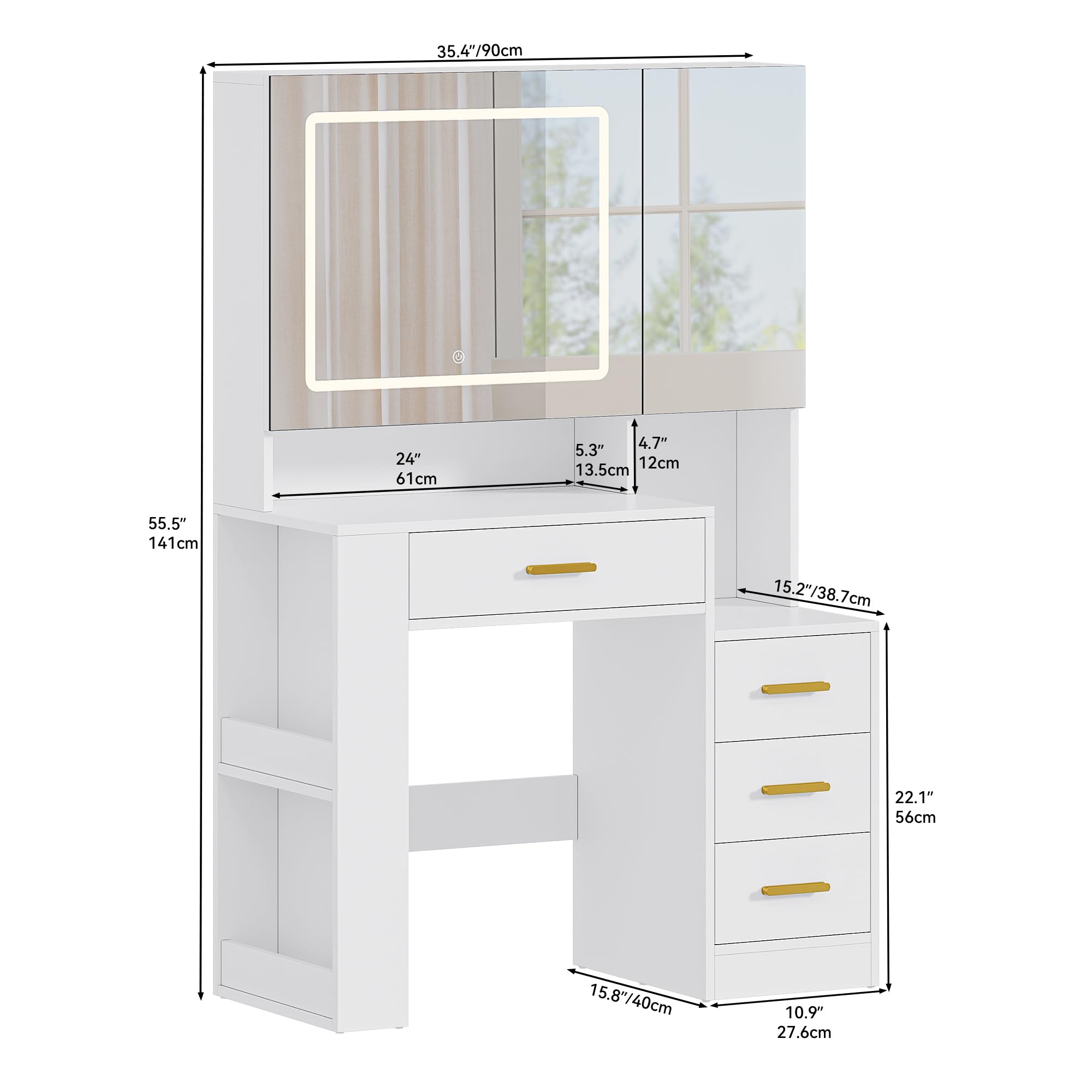 YITAHOME Dressing Table with Dual Mirror & LED Lights | White with 4 Drawers | 90x40x140cm 6