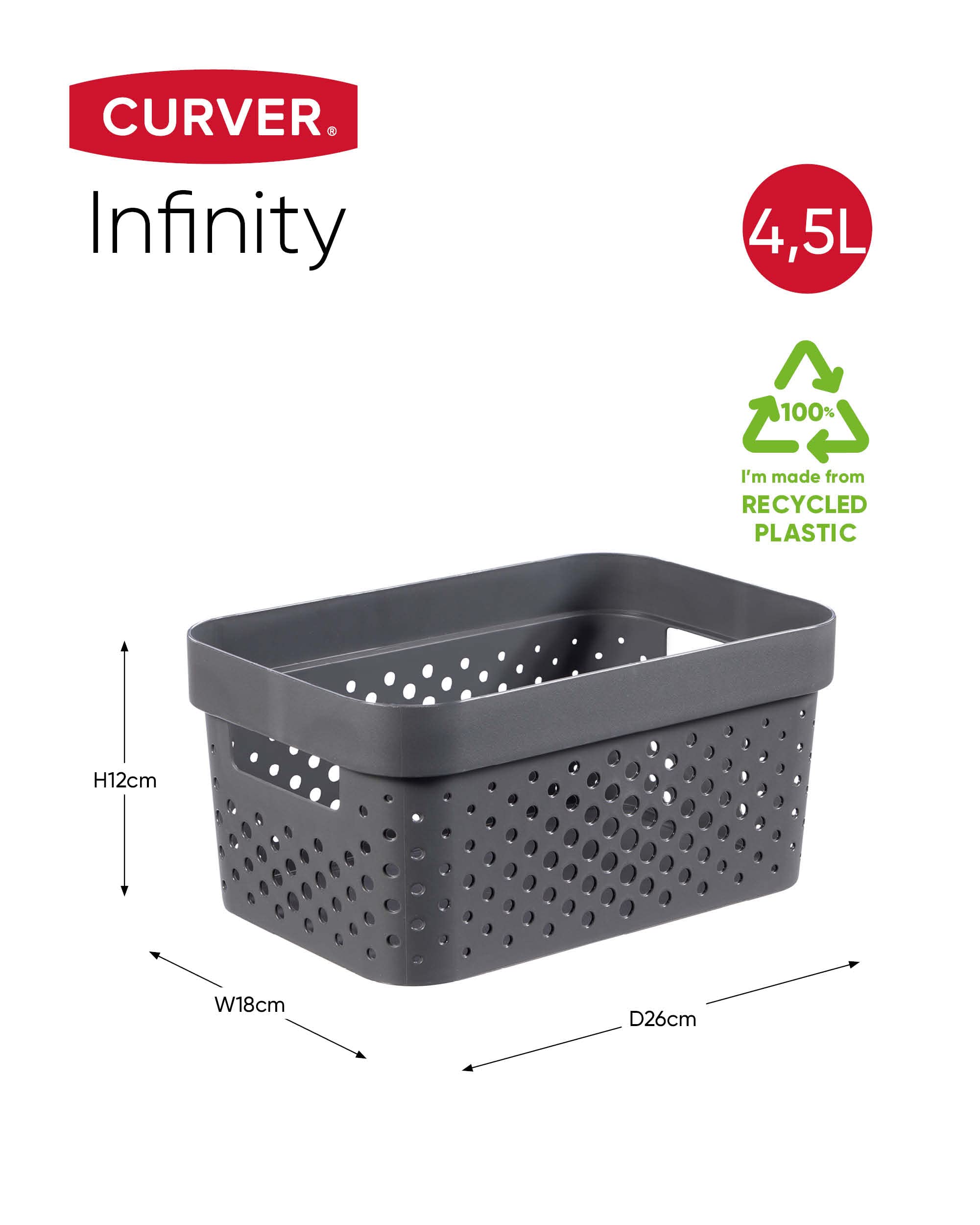 CURVER Infinity Dots Set of 4 Rectangular 4.5L Storage Boxes | 100% Recycled Resin | Dark Grey 9