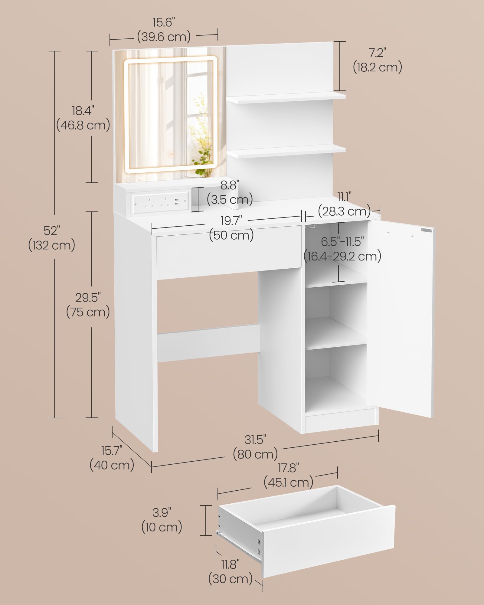VASAGLE KAILYN Dressing Table with LED Mirror, Power Outlet, and Storage | White | 15.7'D x 31.5'W x 52'H 5