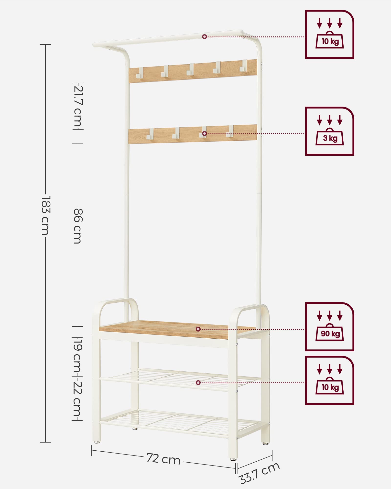 VASAGLE 4-in-1 Coat Rack with Shoe Storage Bench | 9 Removable Hooks | Industrial Oak & Cream | 72 x 33.7 x 183 cm 7