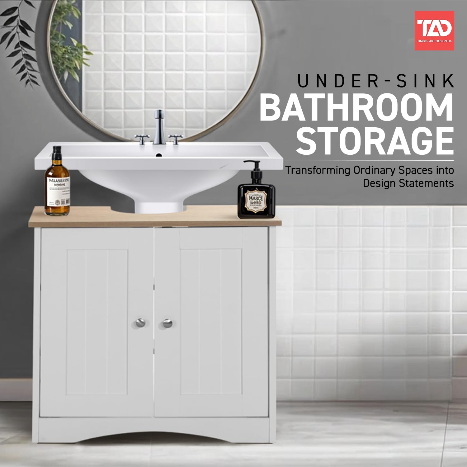 TAD TIMBER ART DESIGN UK Bathroom Sink Cabinet - White & Oak | H 60cm x W 60cm 3