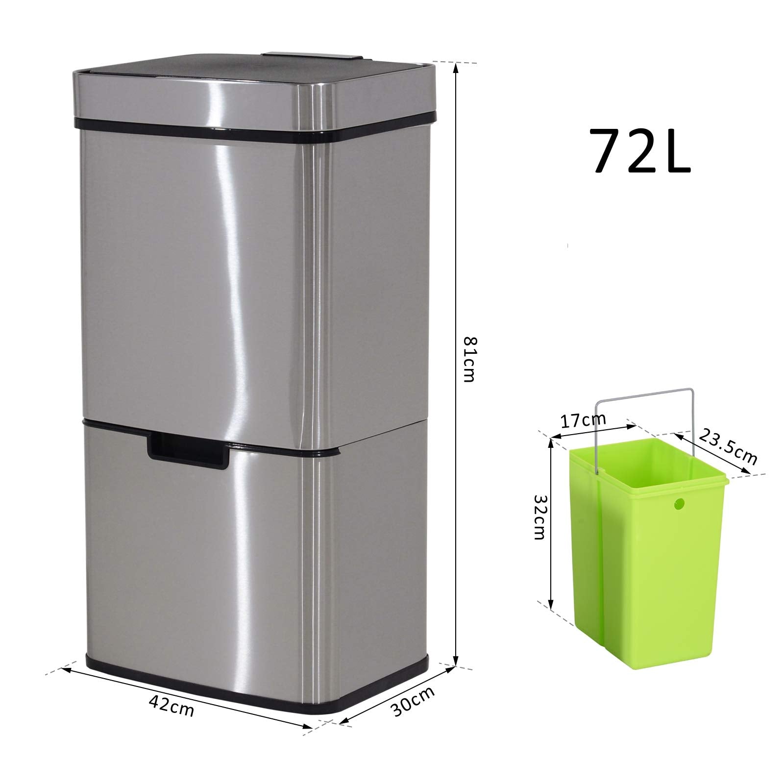 HOMCOM 72L Stainless Steel Sensor Trash Can - 3 Compartments for Waste Separation | Motion Sensor 7