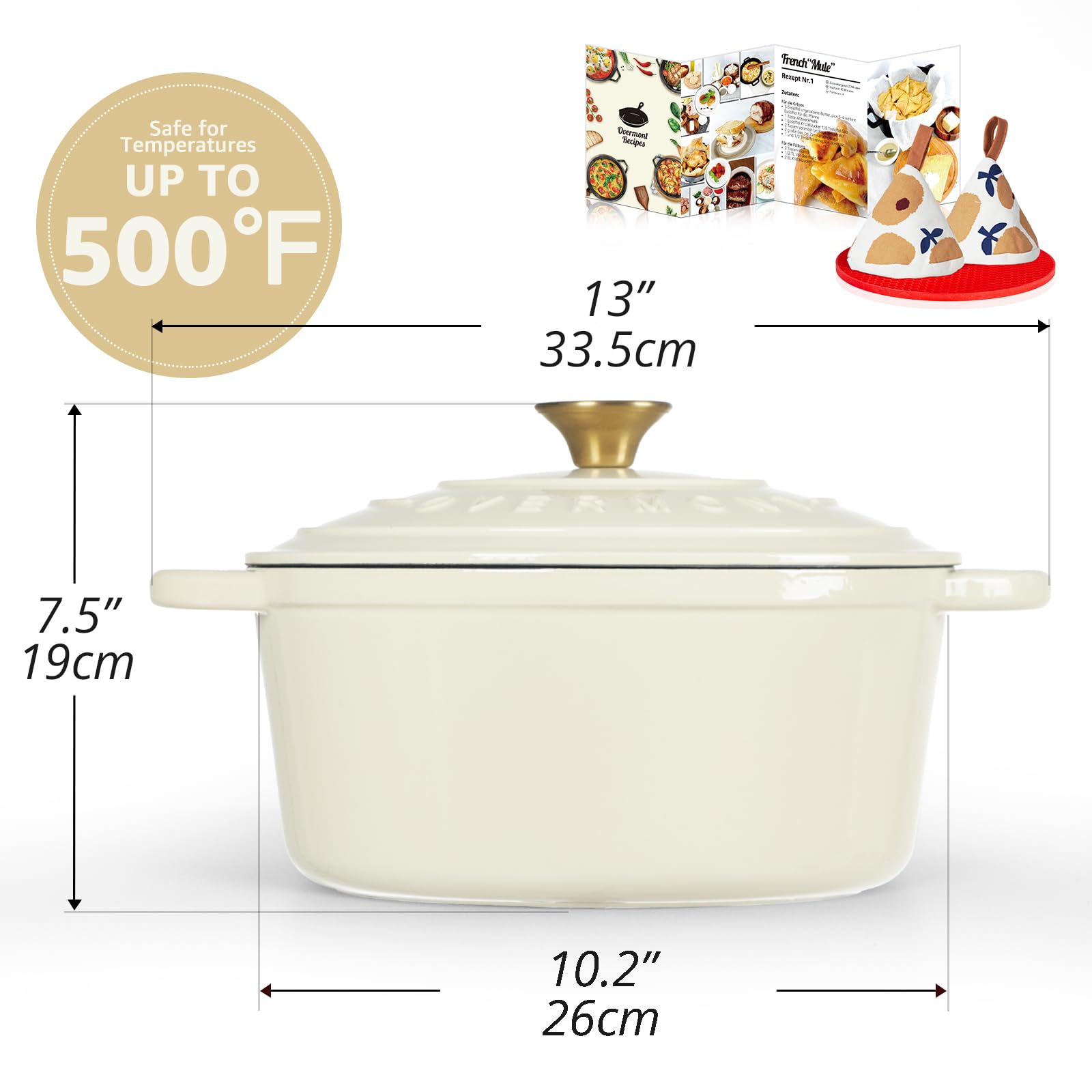 OVERMONT 26cm/5.2L Enamelled Cast Iron Round Casserole Pot with Lid | Cream White | 5.5QT 2