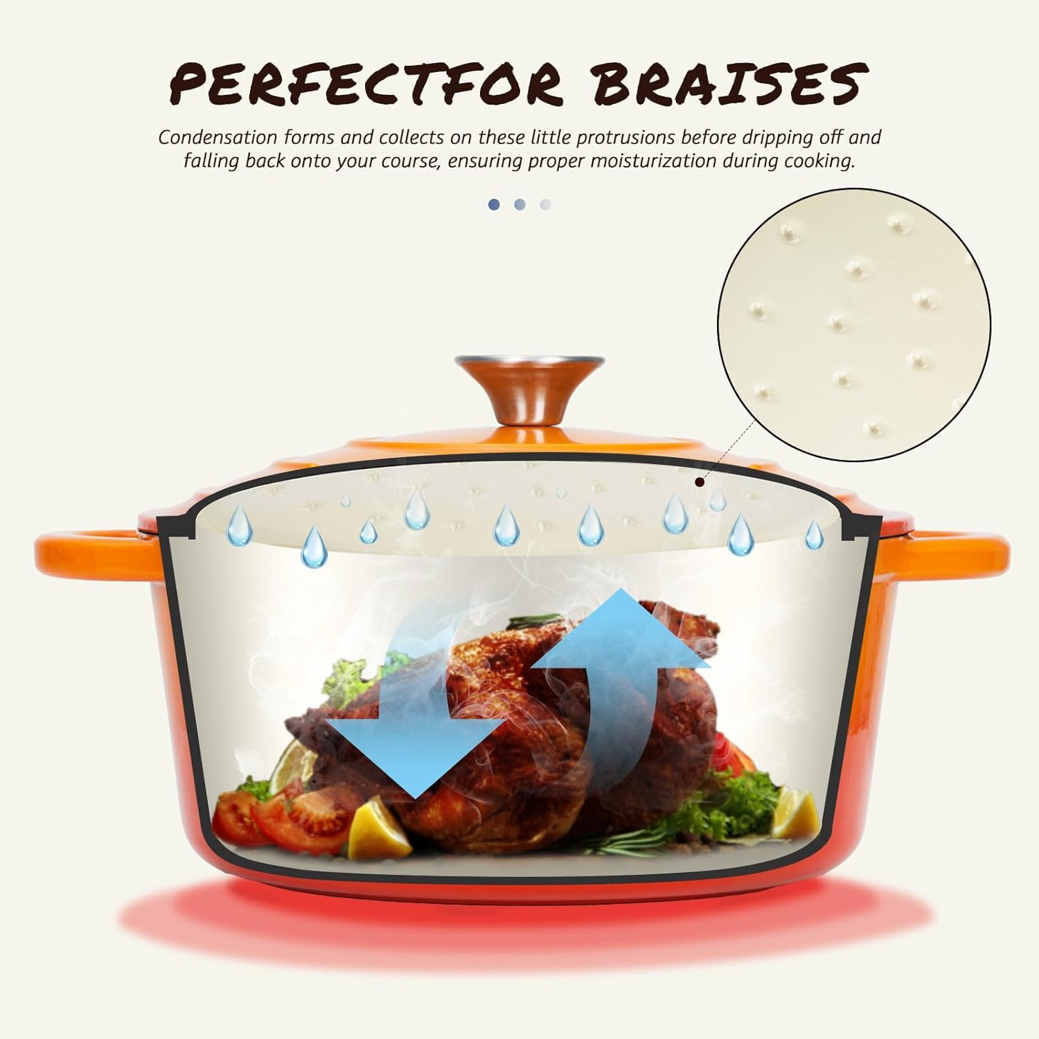 OVERMONT 26cm/5.2L Enamelled Cast Iron Round Casserole Pot with Lid | Pumpkin Color | 5.5 Quart 4
