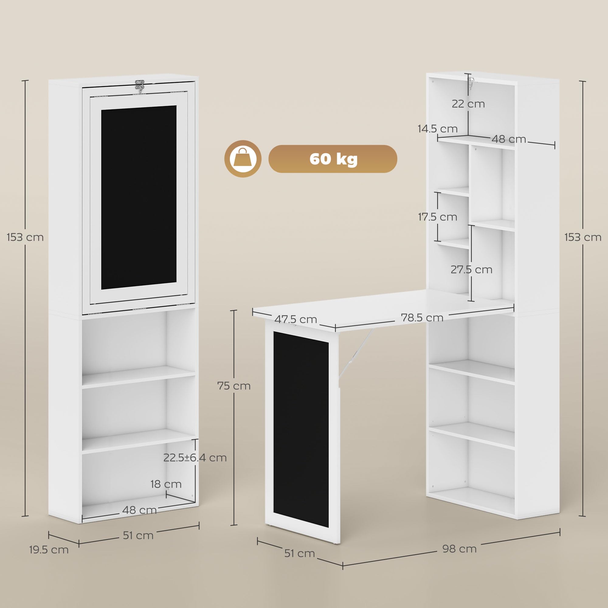 HOMCOM Wall Mounted Computer Desk - Space Saving Folding Study Table with Bookshelf | White | 98W cm 3