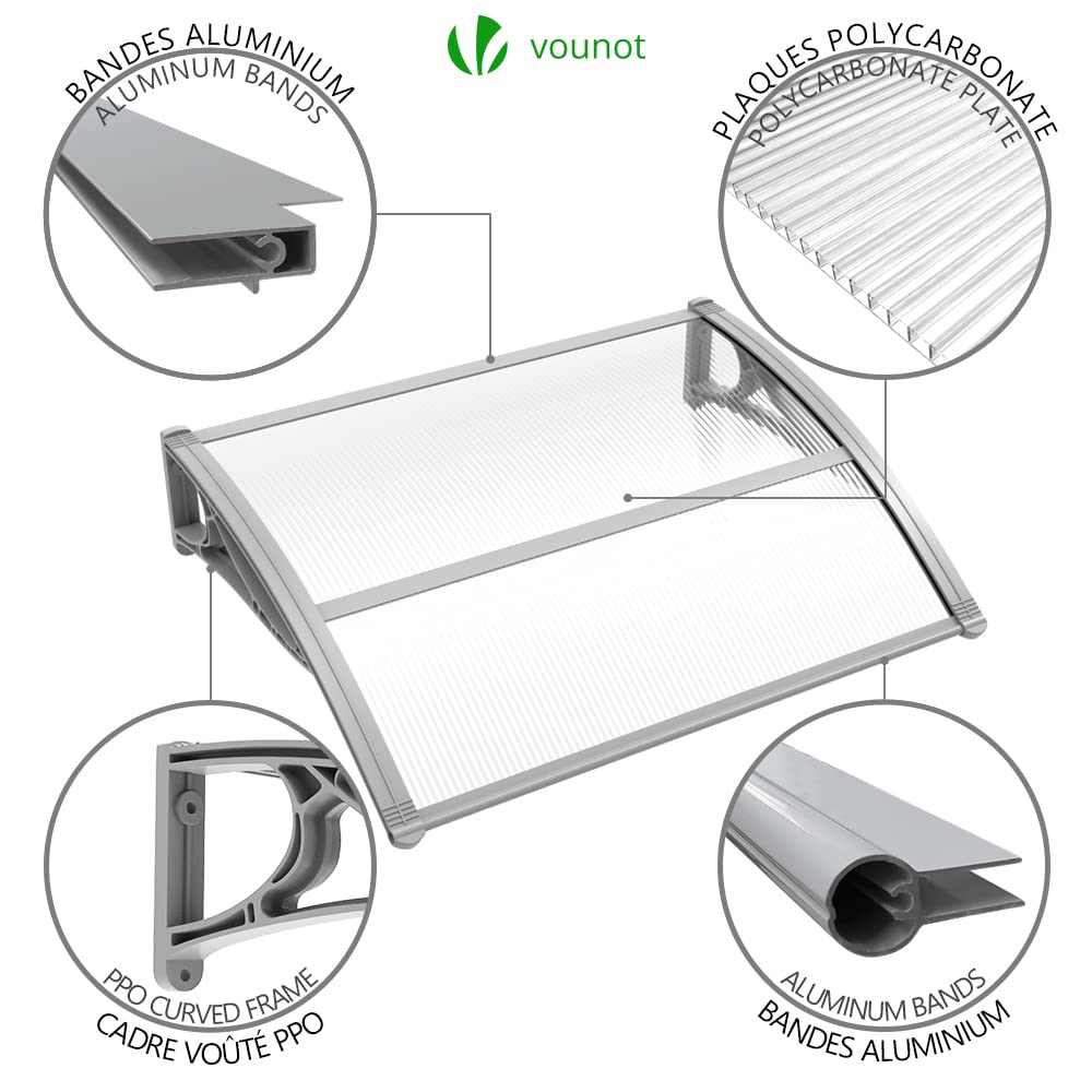 VOUNOT Front Door Canopy Awning - Polycarbonate & Aluminum | 120 x 80 cm Grey Shelter 6