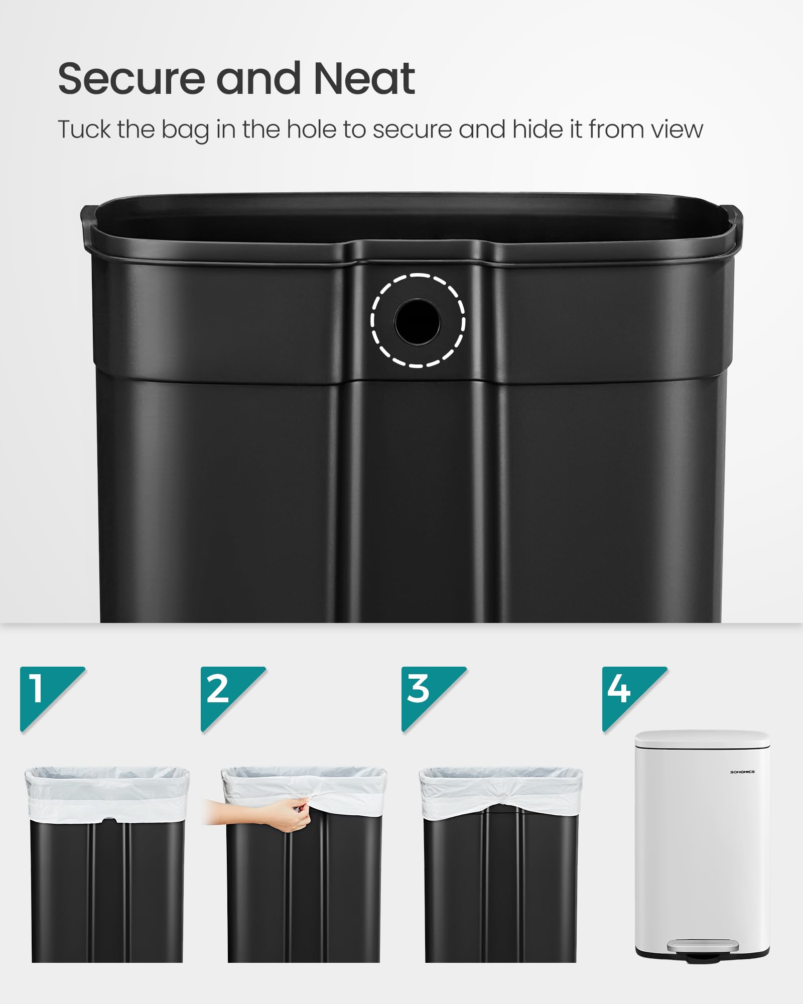 SONGMICS Kitchen Bin 50 L Pedal Rubbish Bin | Soft Close | Steel Exterior | White LTB101W01 5