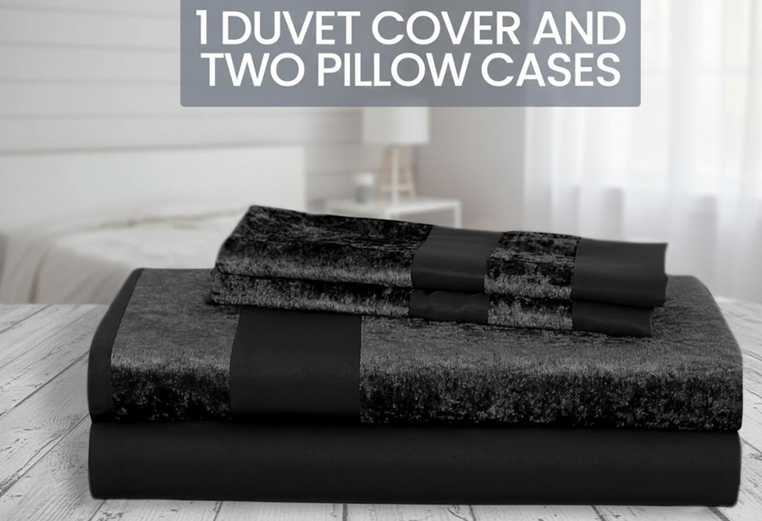 Casabella Luxury Crushed Velvet Panel Band Duvet Cover Set - King Size, Black | 3 Pieces 4