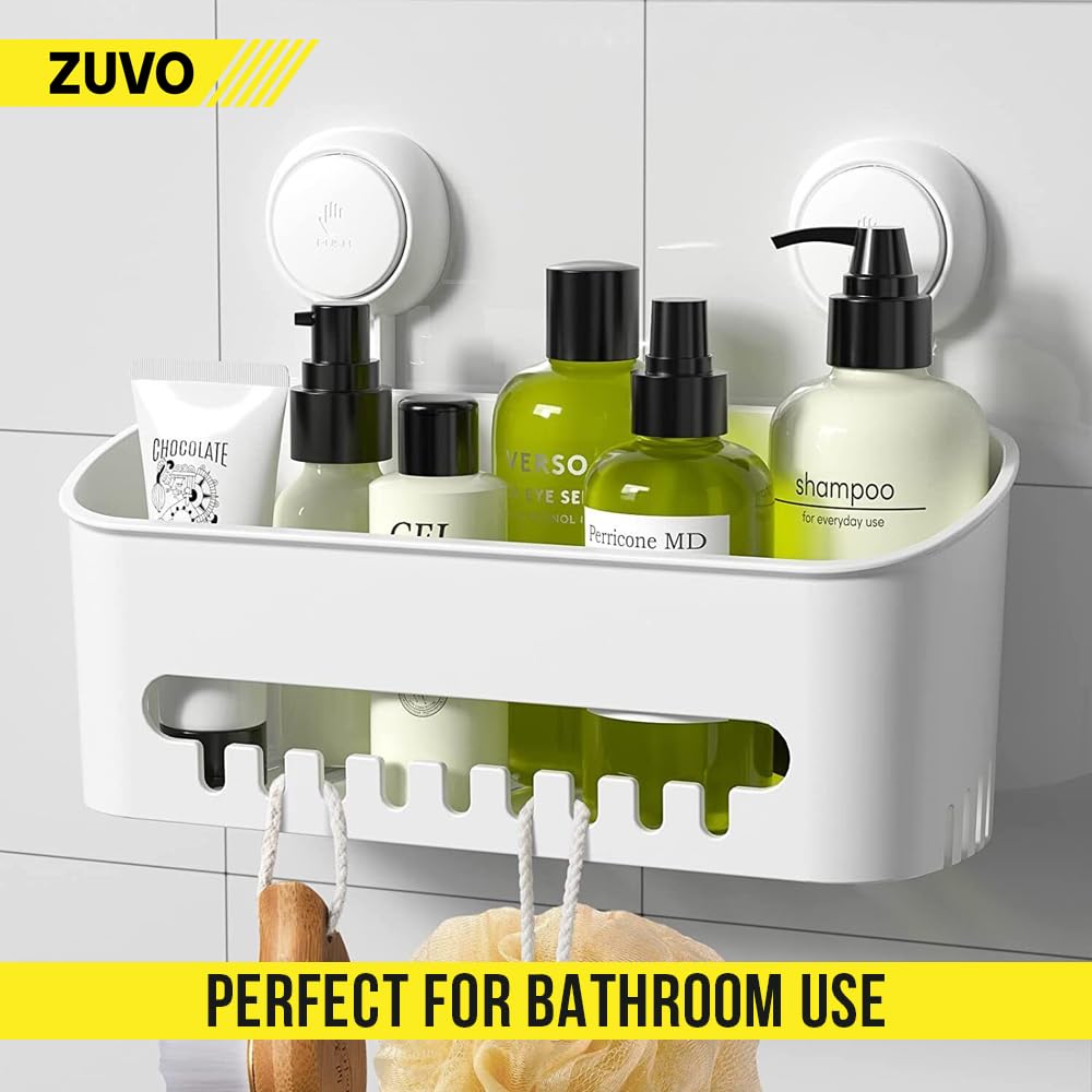 Zuvo No Drill Shower Caddy Basket with Suction Cups | Rustproof Plastic Organizer | White 3