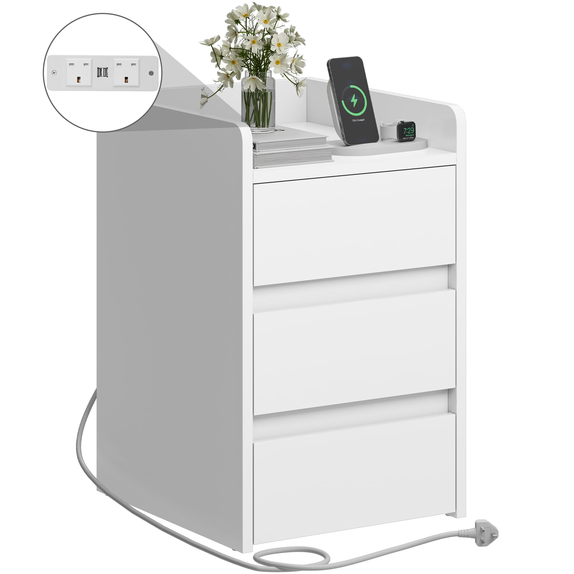 YITAHOME Bedside Table with 3 Drawers and Built-in Power Station | White Engineered Wood | 35x40x59cm 7