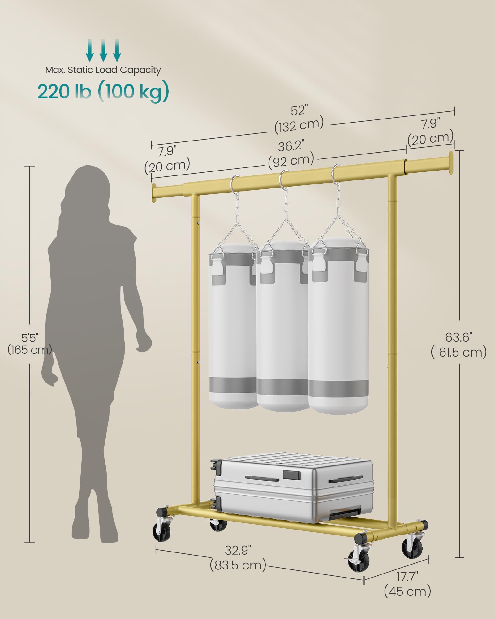 SONGMICS Heavy Duty Clothes Rack on Wheels | 100 kg Capacity | Extendable Rail (92-132 cm) | Pale Gold 7