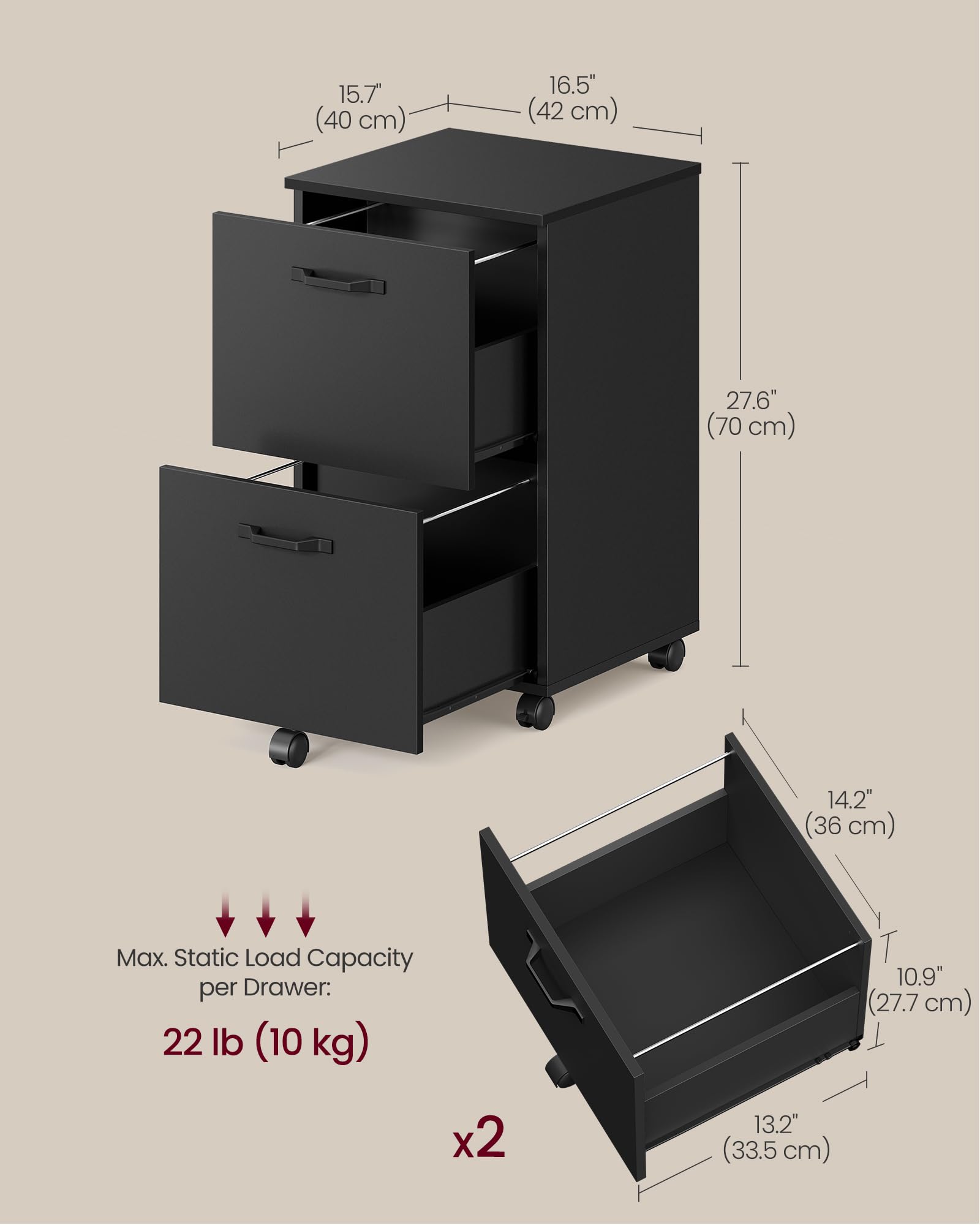 VASAGLE 2-Drawer Mobile File Cabinet - Rolling, Lockable, Printer Stand for A4/Letter Files | Matte Black 3
