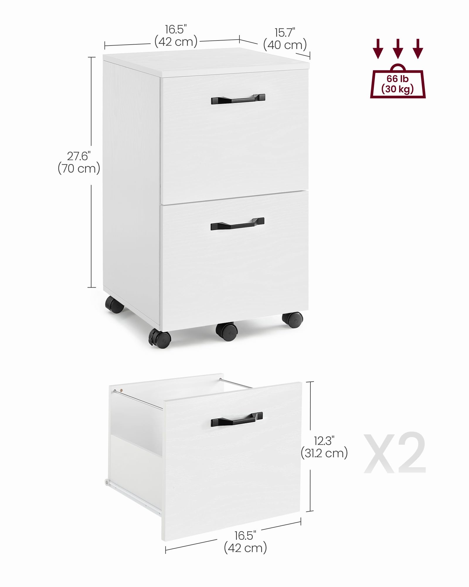 VASAGLE 2-Drawer Mobile File Cabinet - Rolling, Lockable, White | Fits A4/Letter Files 8