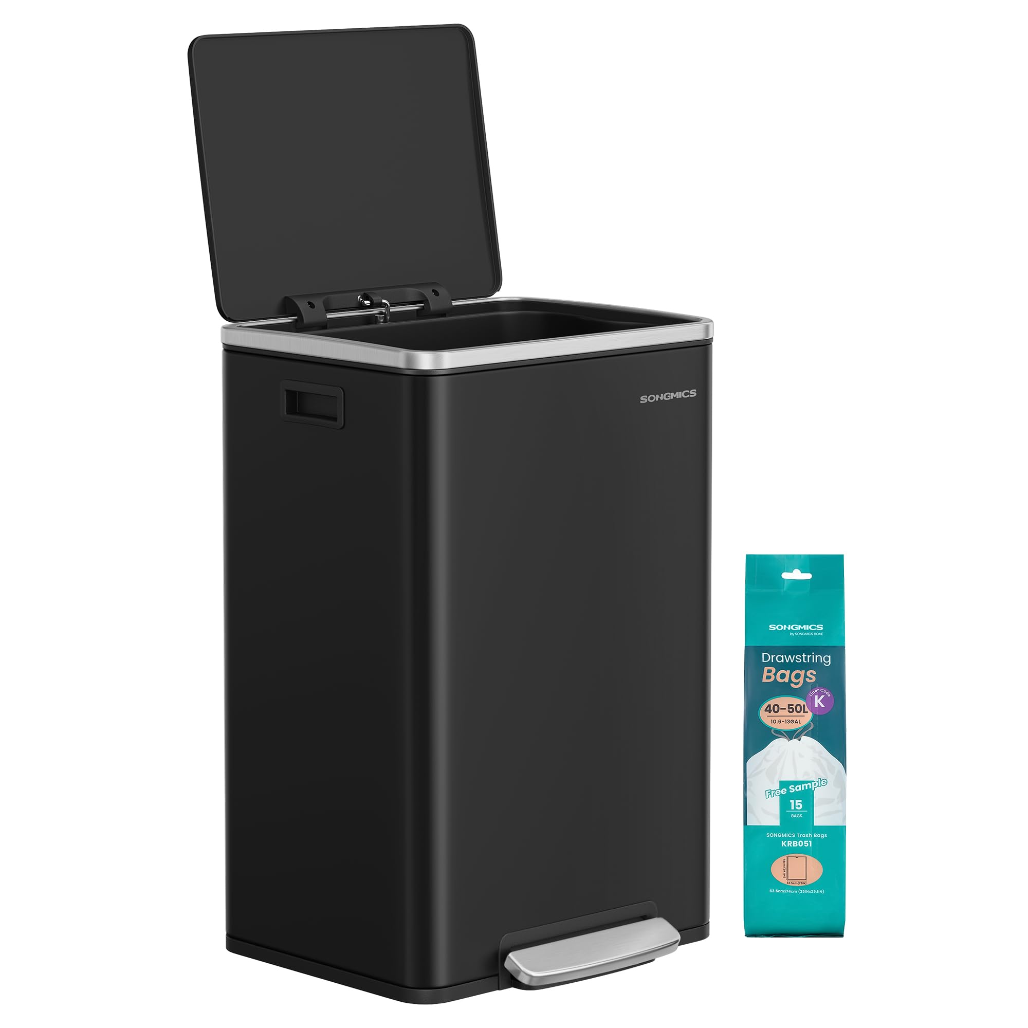 SONGMICS 50L Stainless Steel Kitchen Bin with Foot Pedal | Ink Black | Rust & Fingerprint Resistant 1