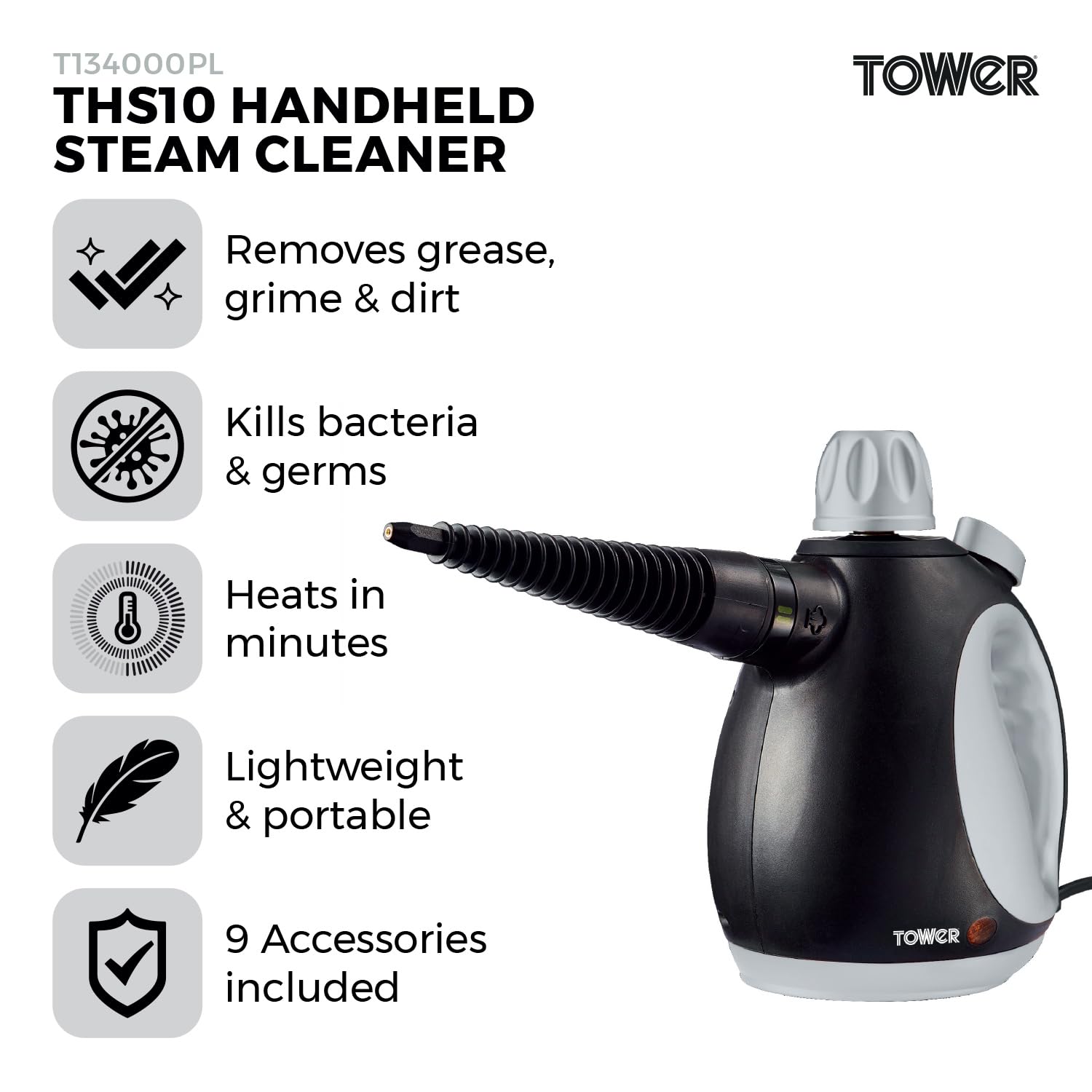 Tower T134000PL THS10 Corded Handheld Steam Cleaner with 9 Accessories | 1050W | Kills 99.99% Bacteria 2