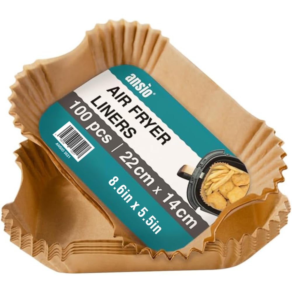 ANSIO Air Fryer Paper Liners - 100 PCS Rectangle Disposable Liners, 22cm x 14cm x 4.5cm Inner Fit