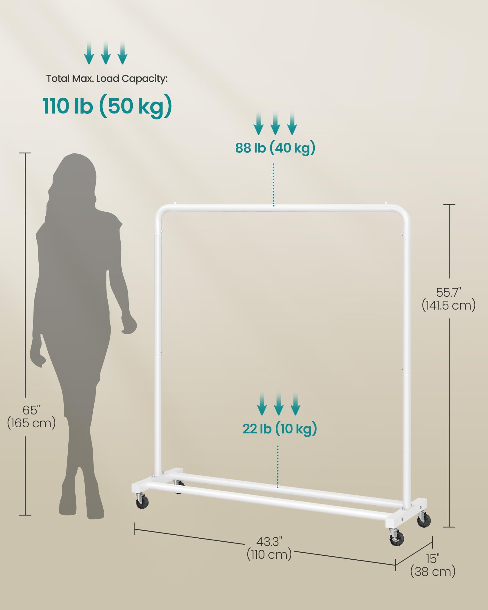 SONGMICS Clothes Rack on Wheels - 110cm Wide, 50kg Capacity, Matte White Steel 5