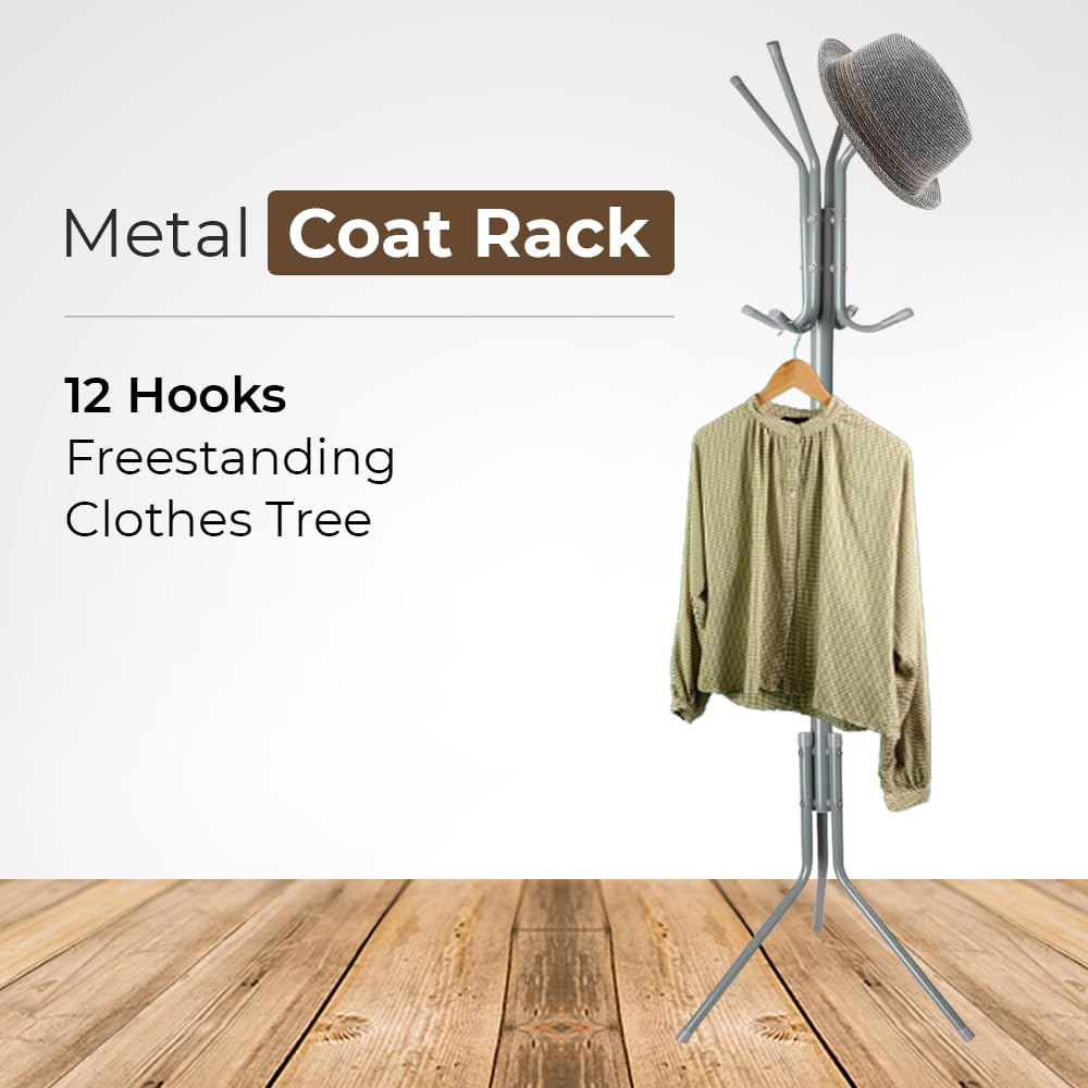 1ABOVE Metal Coat Rack - 12 Hooks Freestanding Clothes Tree | 67 Inches Height | Grey 3