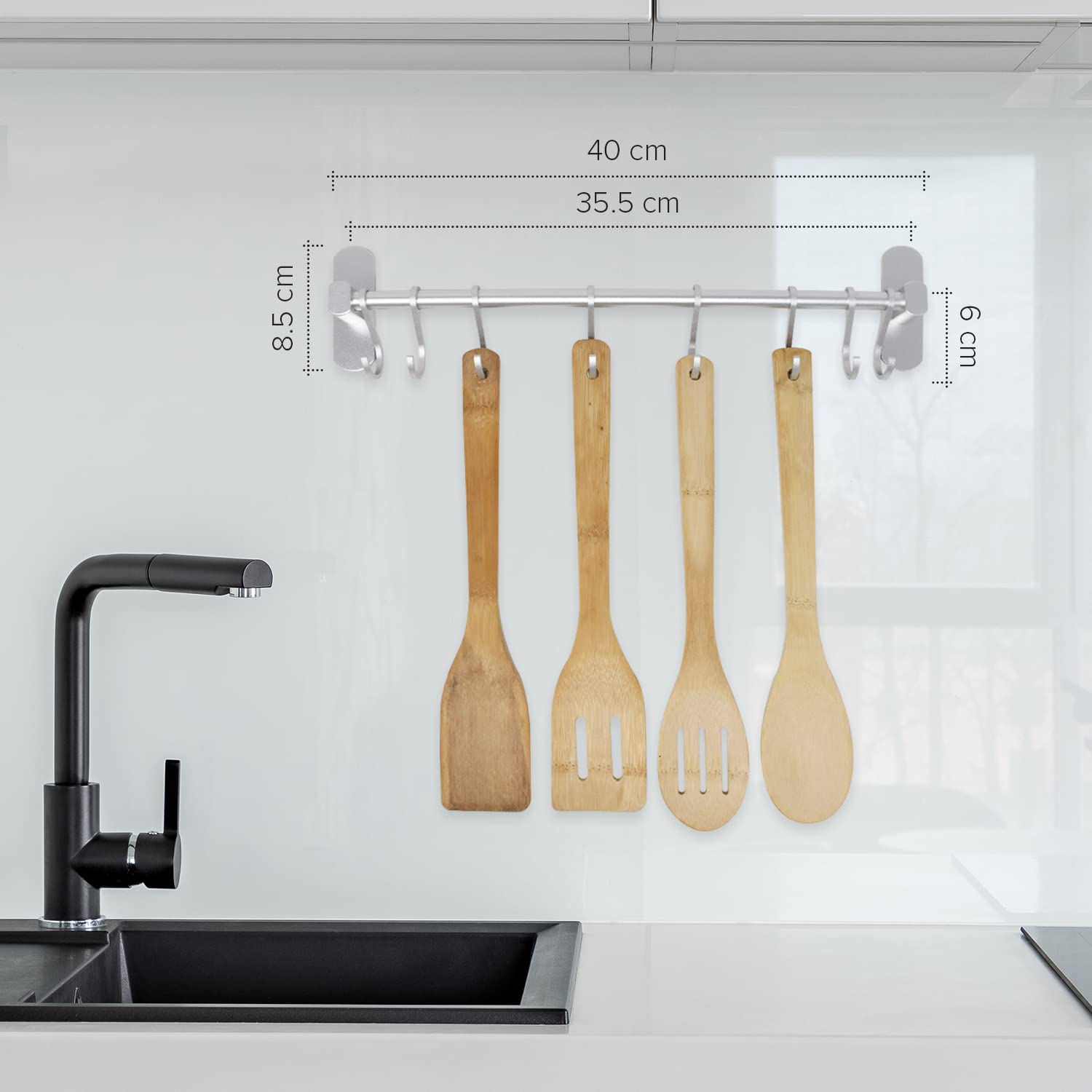 joeji's Kitchen Aluminium Utensil Rack 40cm - 8 Movable Hooks | Drill-Free Installation | Silver 2