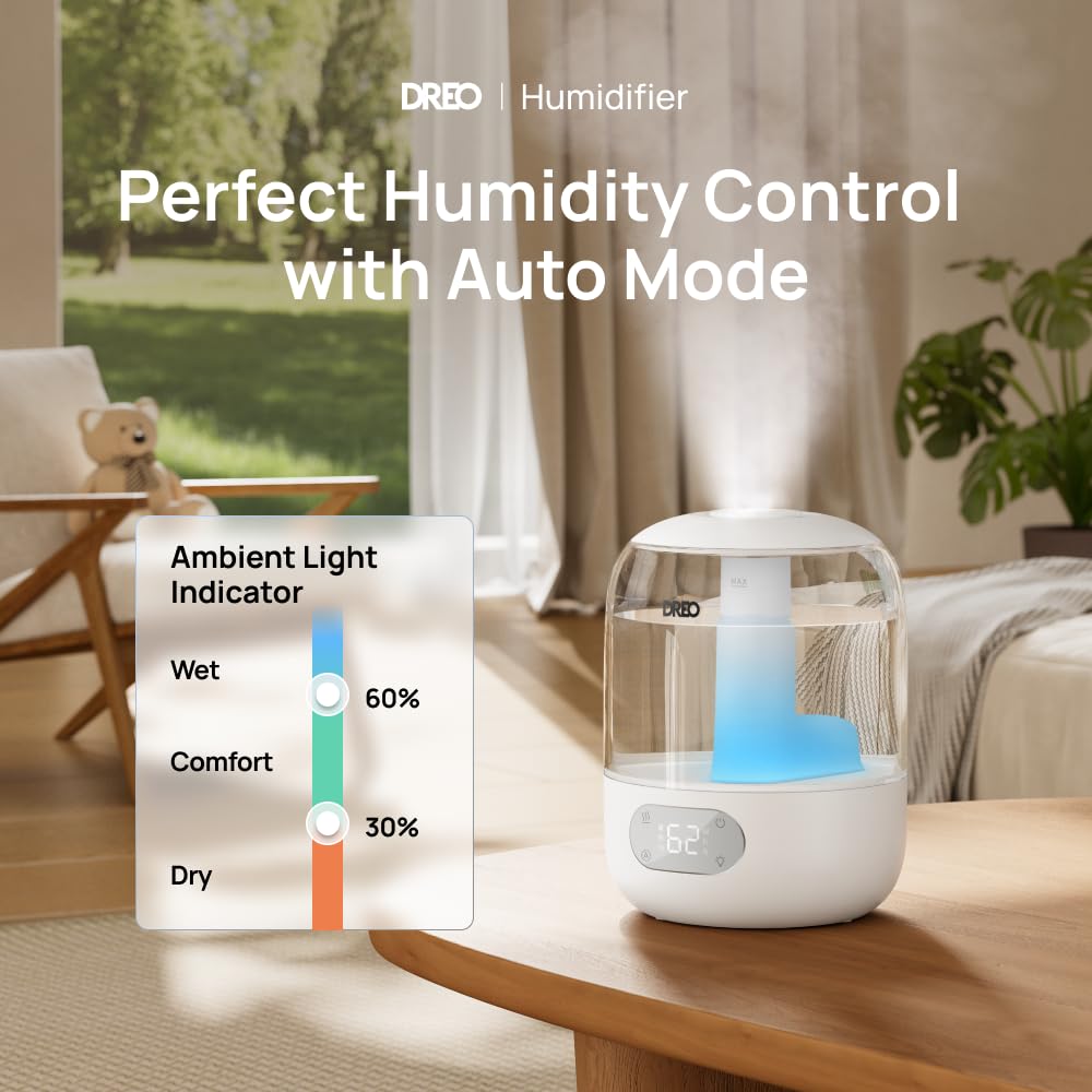 DREO Ultrasonic Cool Mist Humidifier - 3L Tank, 30-Hour Runtime, 26dB Quiet | White