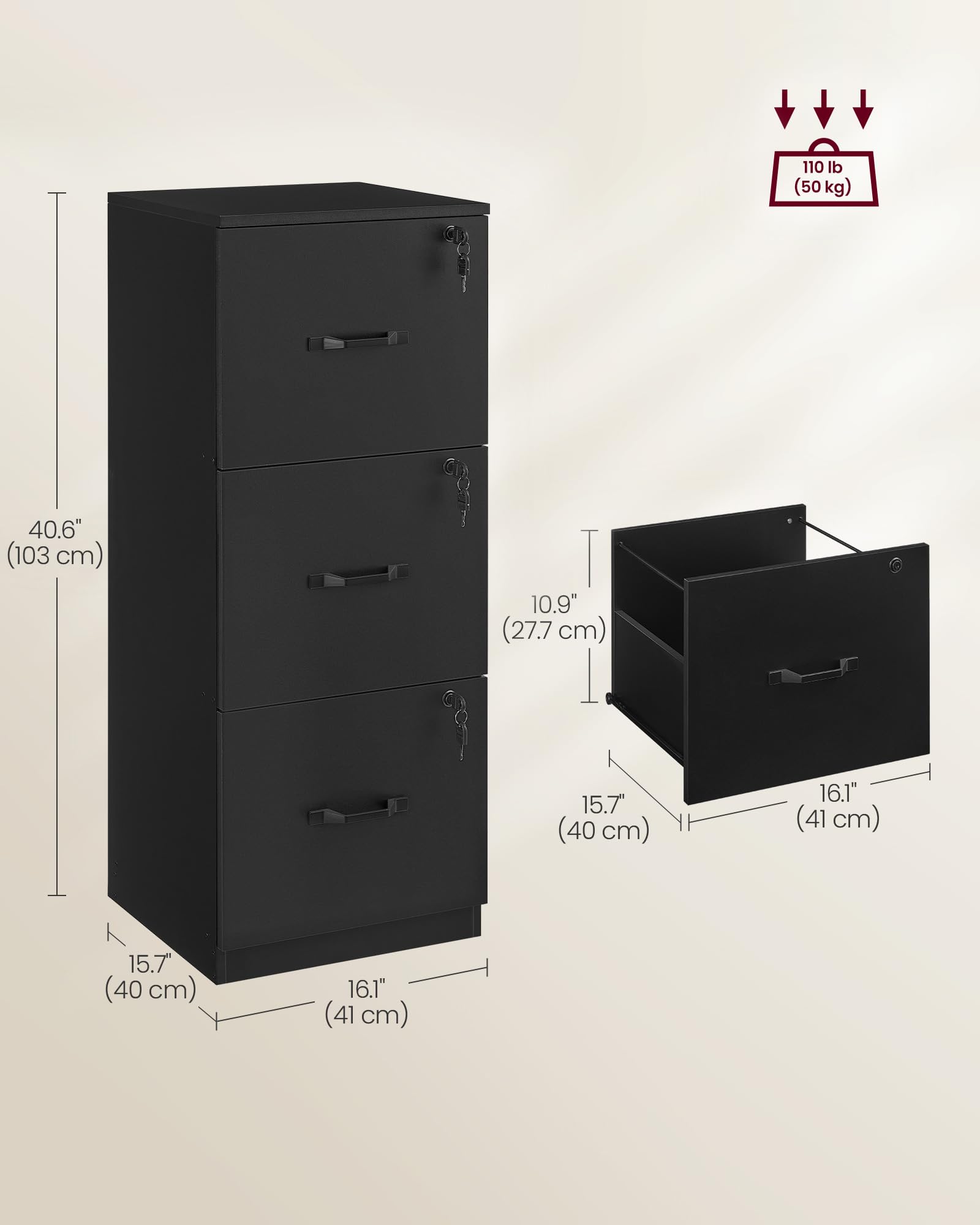 VASAGLE Vertical File Cabinet - 3 Lockable Drawers, Adjustable Rails for A4/Letter Files | Ink Black 3