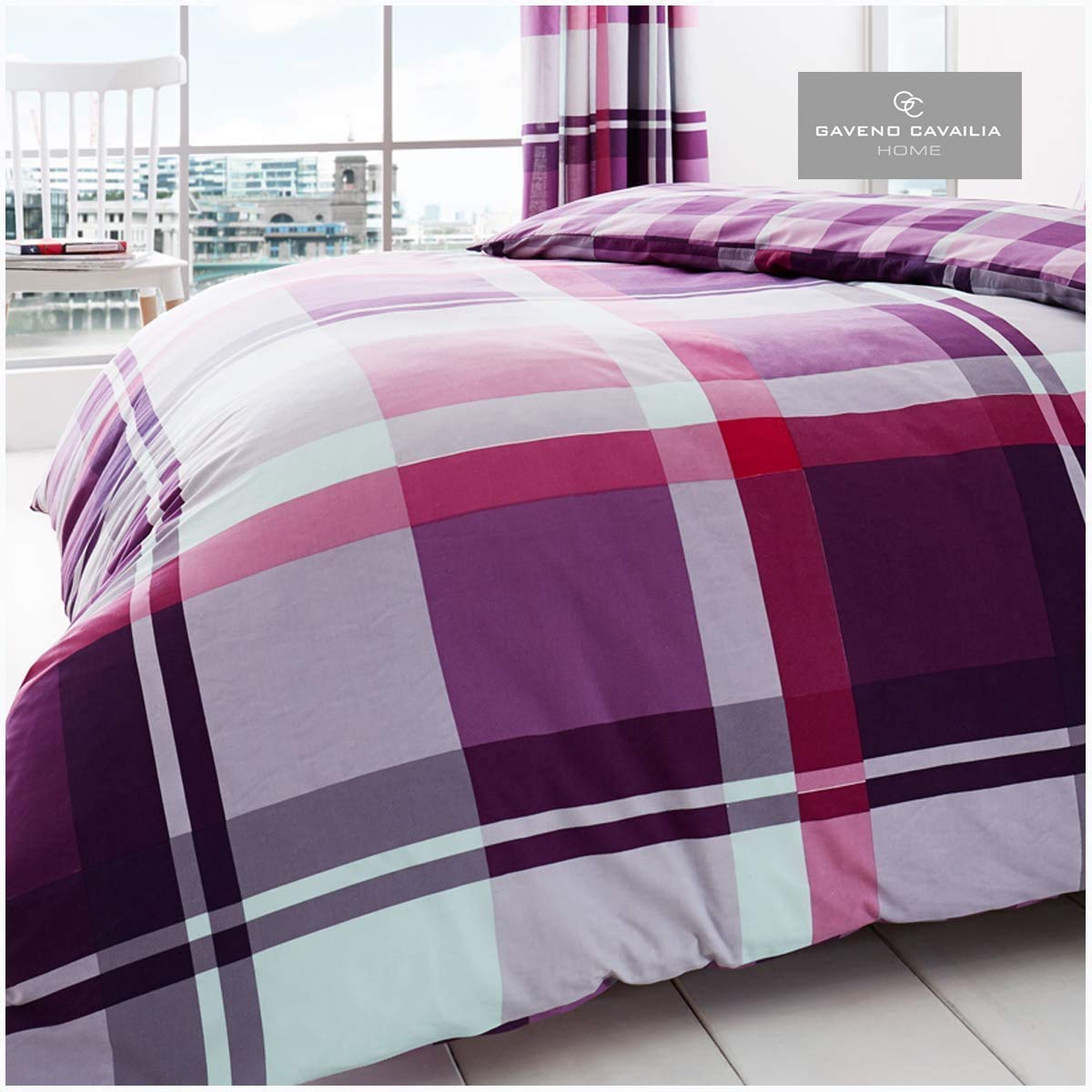 GC GAVENO CAVAILIA Geometric Check Reversible Duvet Cover Set | King Size | Purple 4
