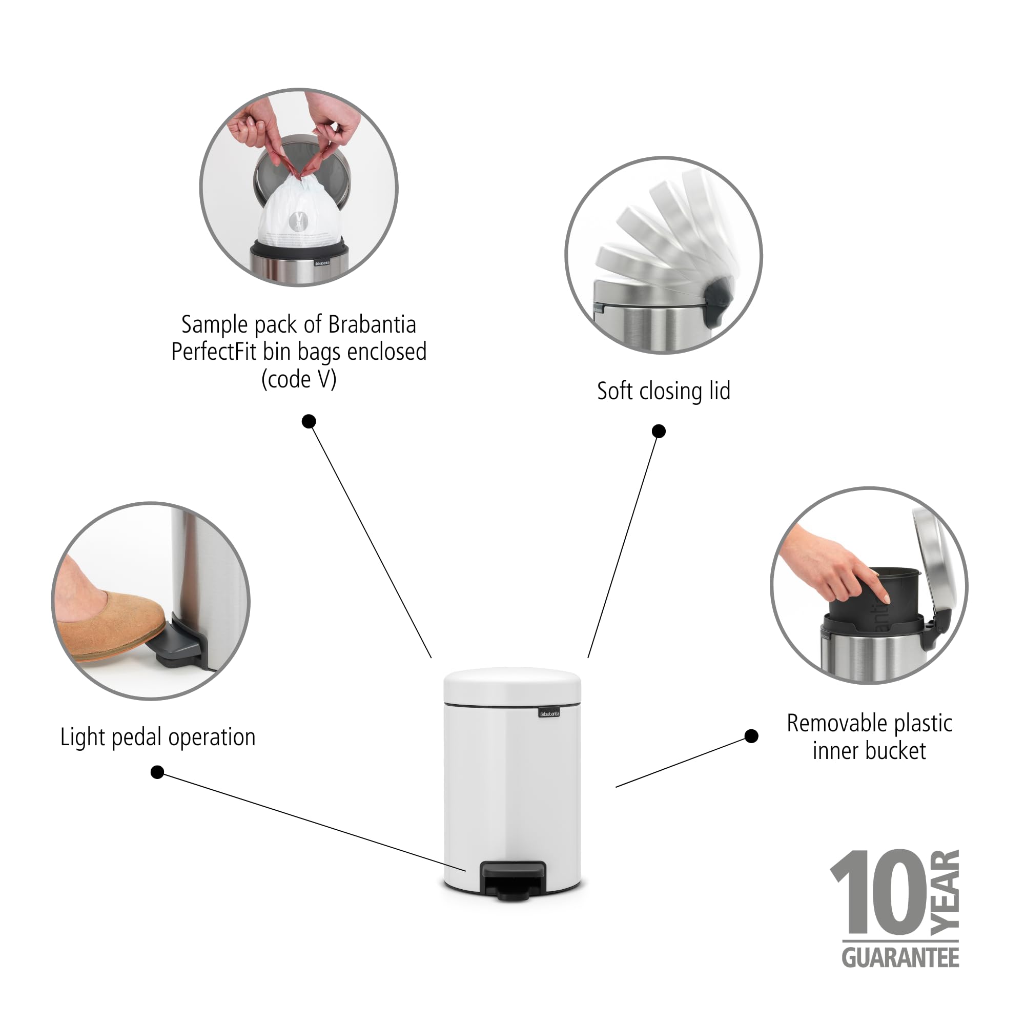 Brabantia NewIcon Pedal Bin - 3 L Capacity | White | Corrosion Resistant Alloy Steel 2