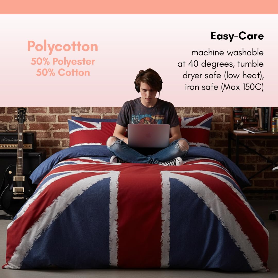 Rapport Home Union Jack Double Duvet Cover Set | 50% Cotton/50% Polyester | Red, White, Blue 2