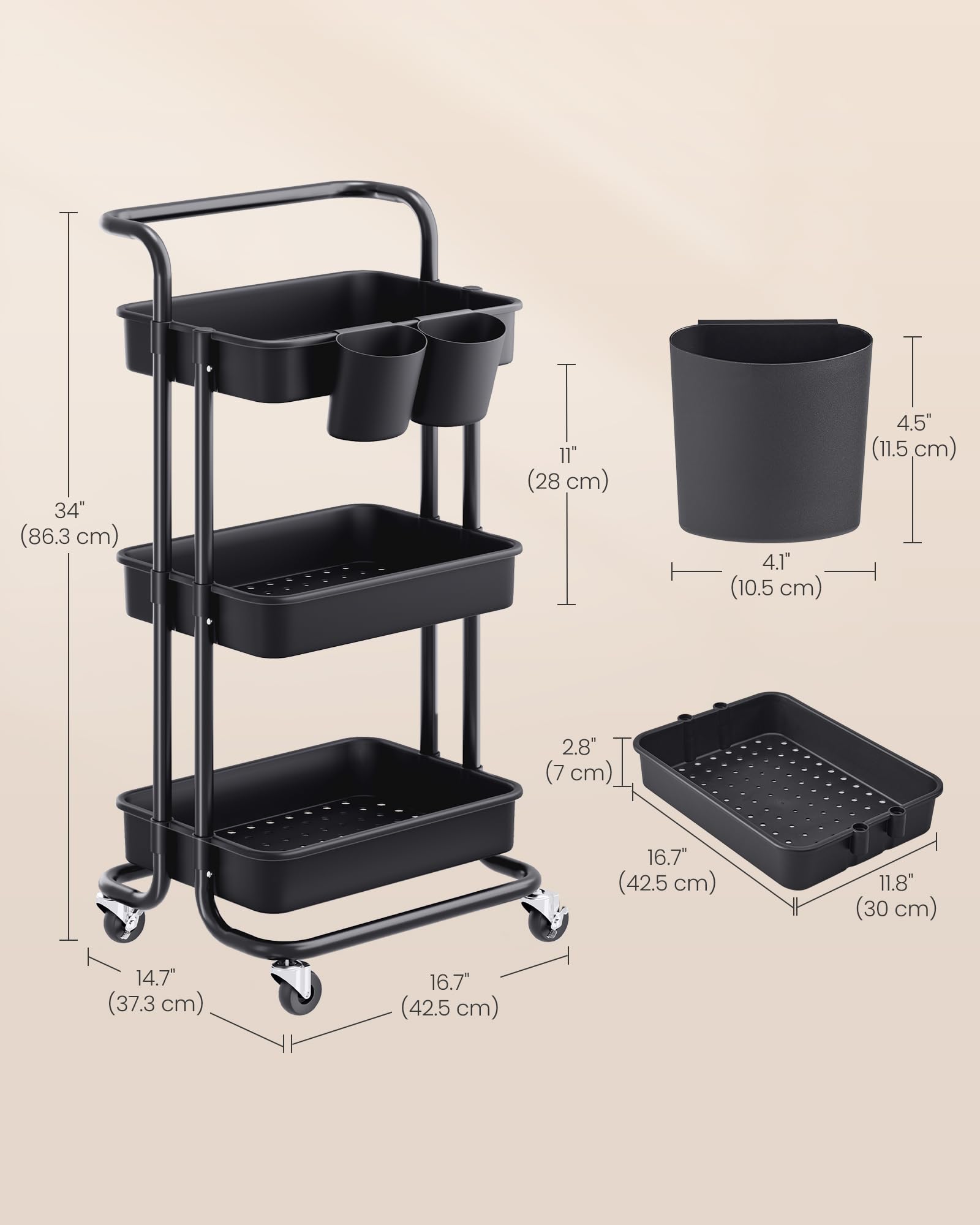 SONGMICS Rolling Cart - 3-Tier Storage with Handle | 2 Organizers | Black/White 7