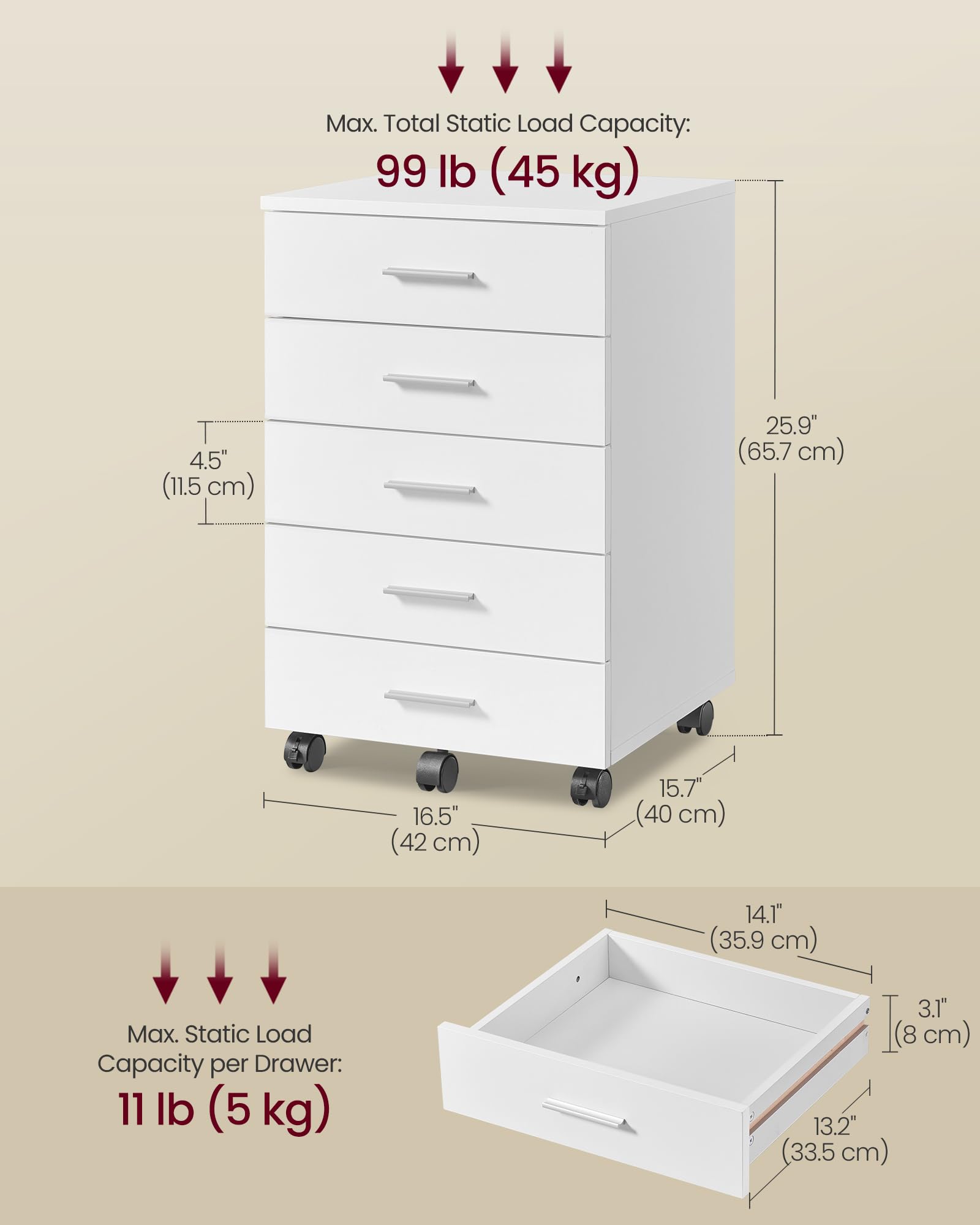 VASAGLE Rolling File Cabinet with 5 Drawers | Lockable Wheels | White Plastic Engineered Wood 3