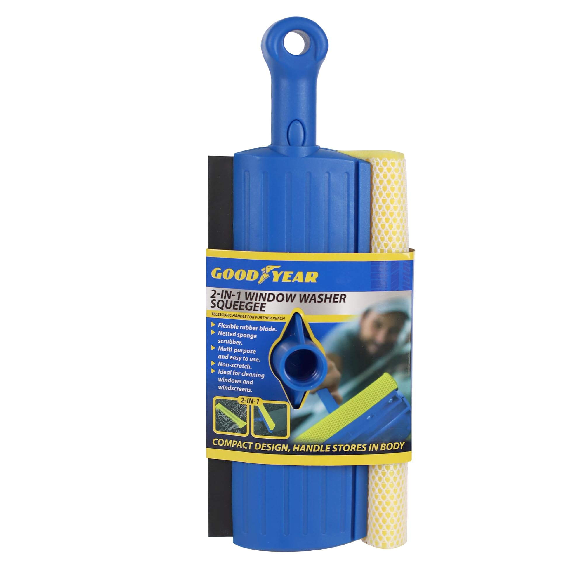 Goodyear 2 In 1 Window Squeegee | Flexible Rubber Blade | Netted Sponge Scrubber 2