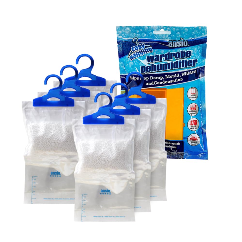 ANSIO Wardrobe Dehumidifier Disposable Hanging Bags - Pack of 6 | Absorbs Damp & Condensation 1