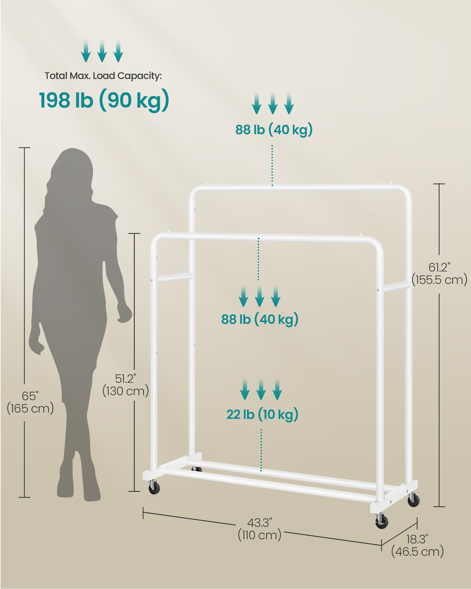 SONGMICS Clothes Rack on Wheels - Heavy Duty Steel, 90 kg Capacity | Matte White 5
