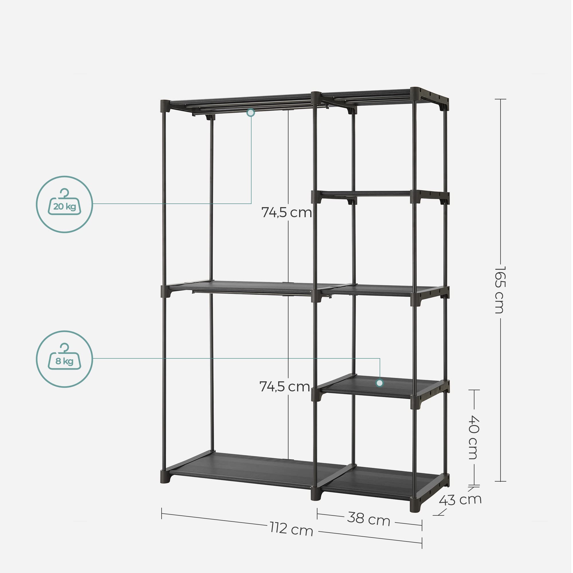 SONGMICS Foldable Closet Wardrobe - Freestanding Coat Rack | 112W x 165H cm | Black 7
