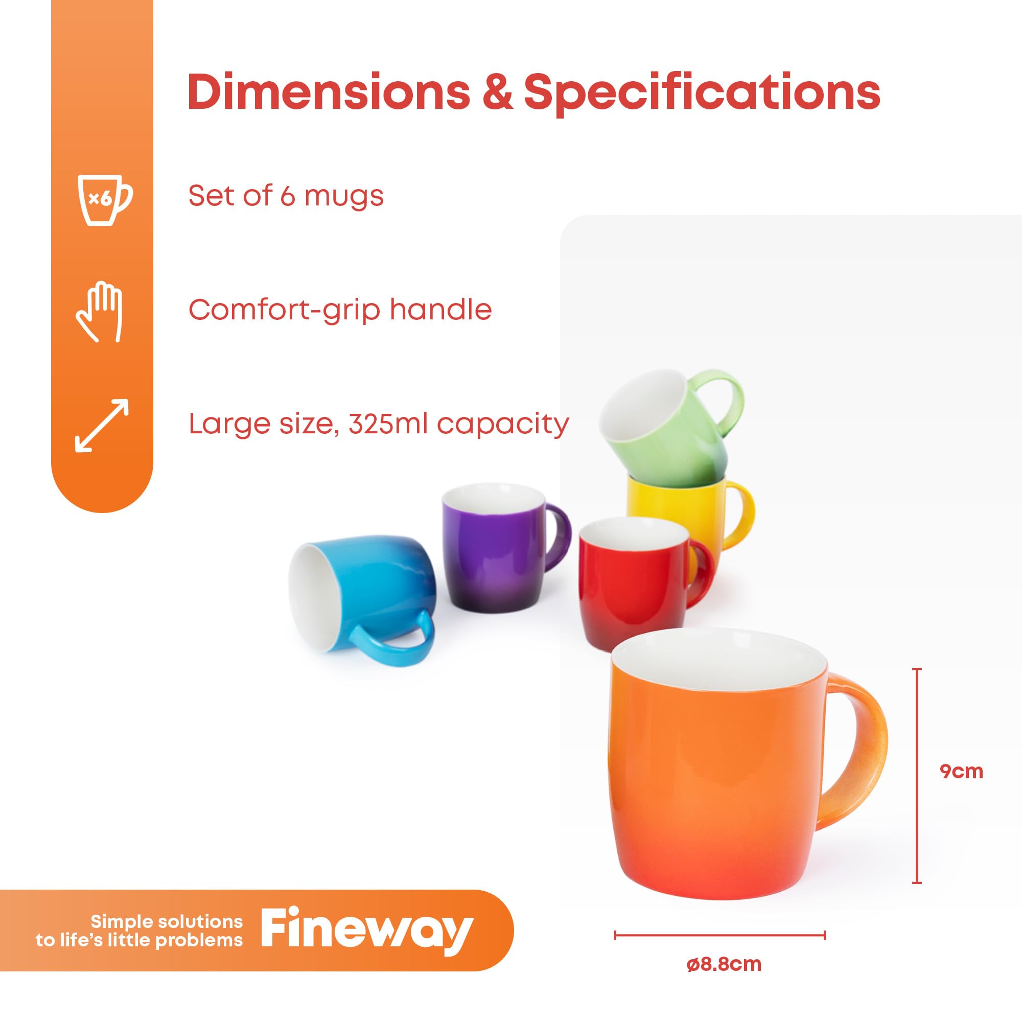 FiNeWaY Stoneware Coffee Mugs Set of 6 - 325ml Capacity, Stackable, Multicolour 8
