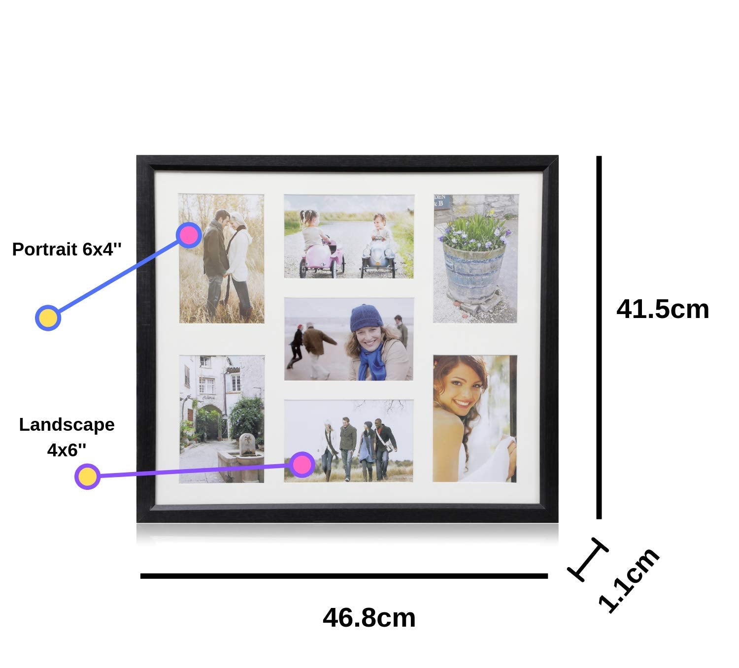 ARPAN Multi Aperture MDF Photo Frame - Holds 7 Photos 6'x4' | Black | Wall Mount Ready 7