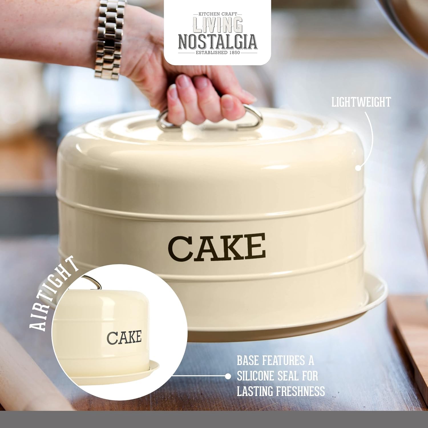 KitchenCraft Living Nostalgia Airtight Cake Storage Tin & Dome | 28.5 cm | Antique Cream 4