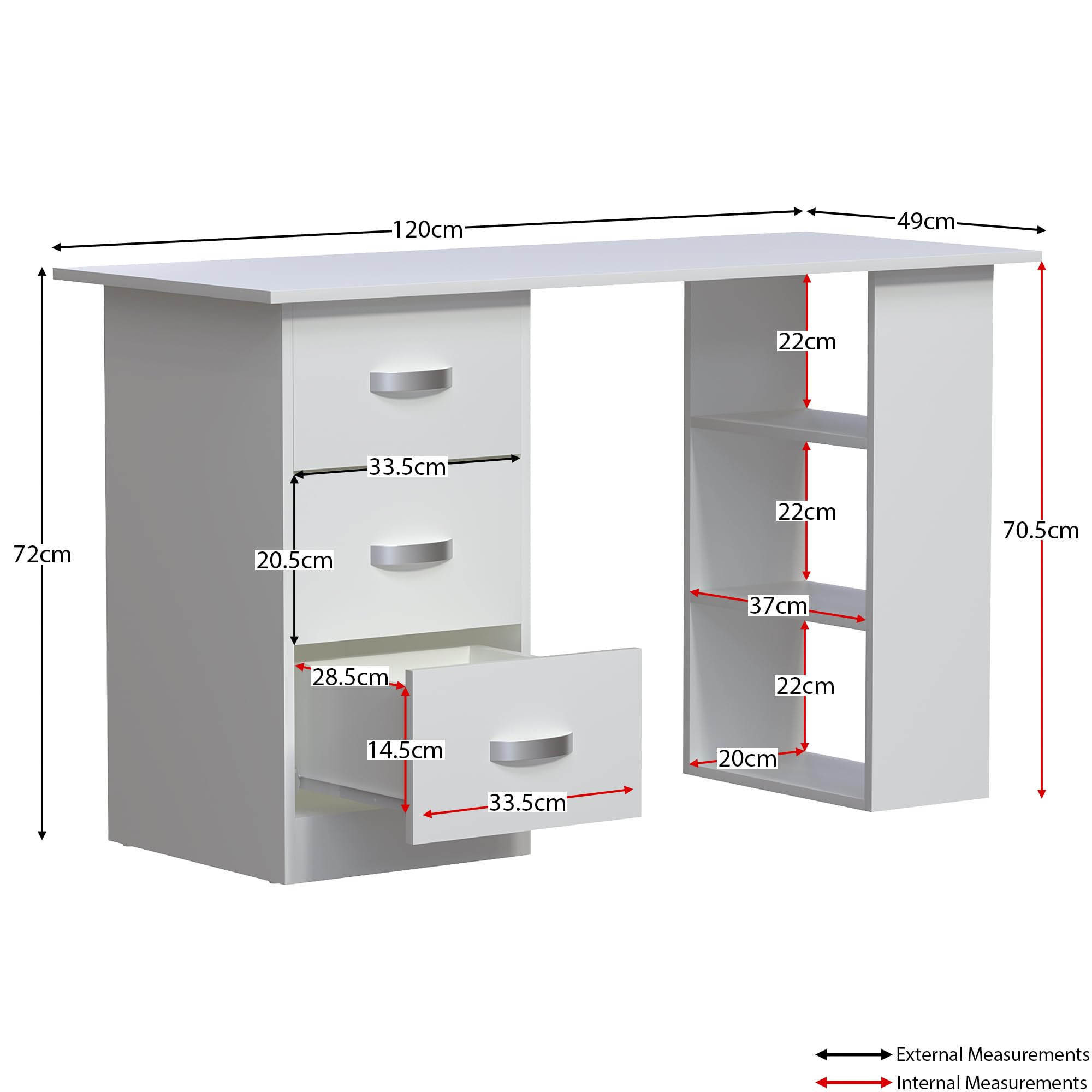 Vida Designs Mason Computer Desk with 3 Drawers and Shelves | 120cm Wide | White 2