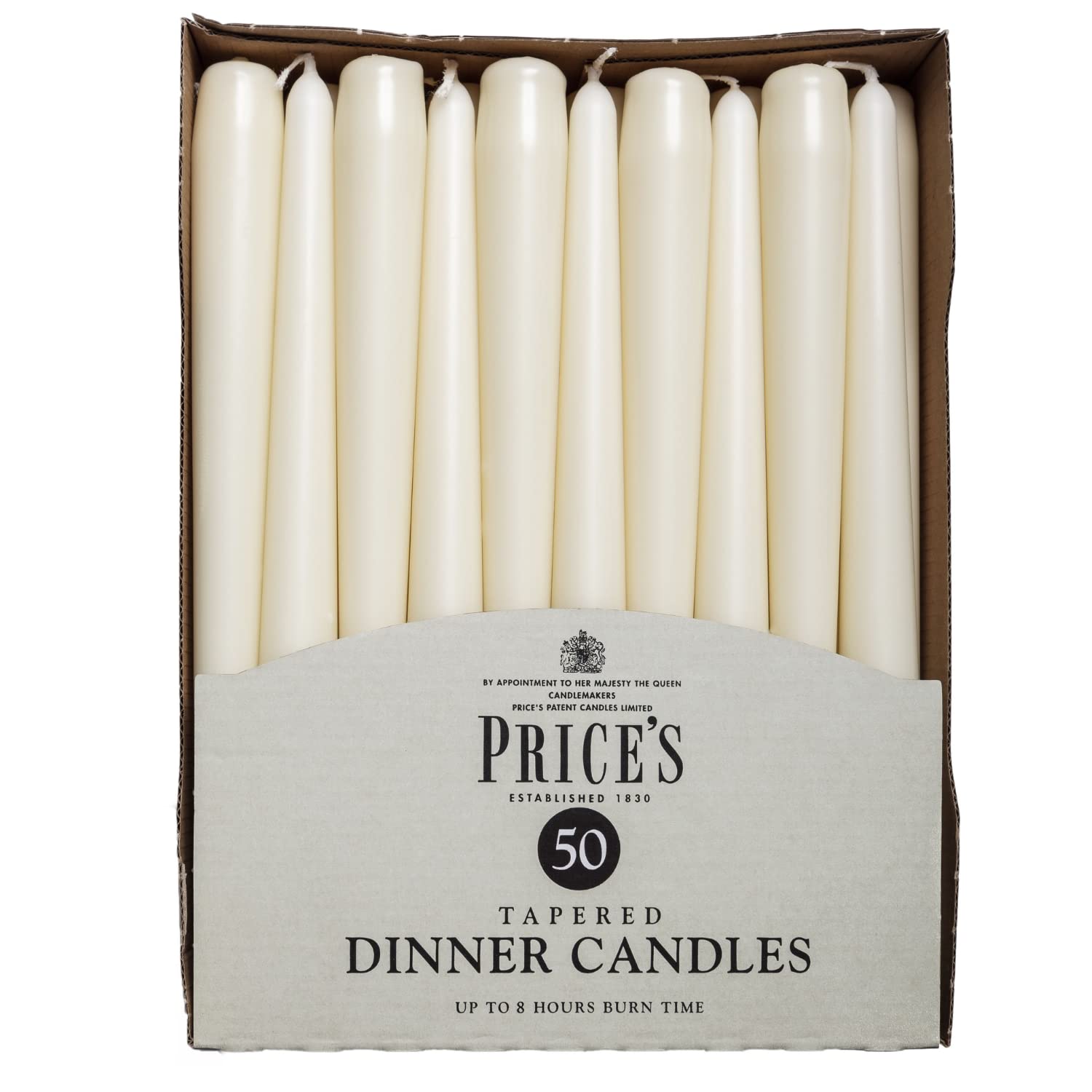 Price's Candles Unscented Ivory Tapered Dinner Candles, 50 Pack | 7 Hour Burn Time | Dripless Wax 1