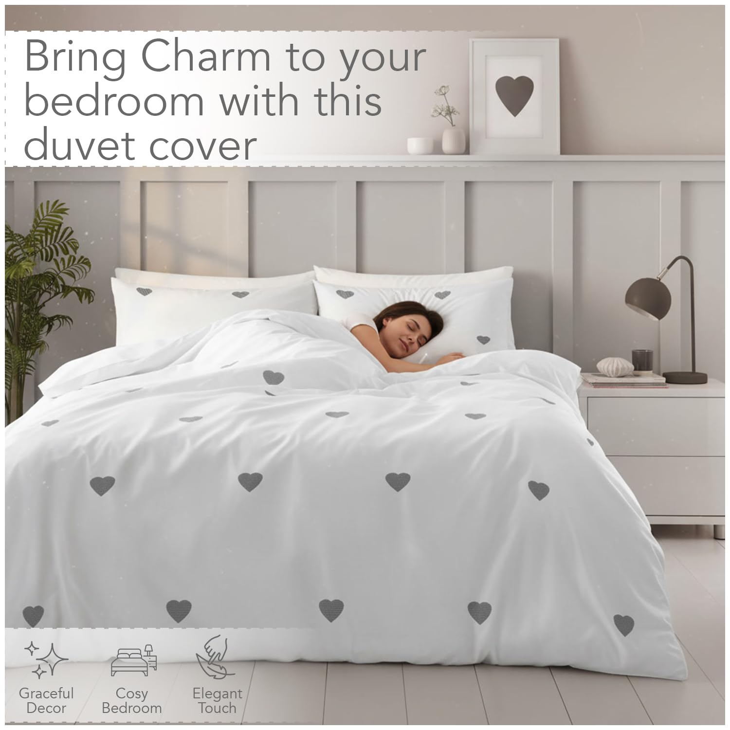 GC GAVENO CAVAILIA Double Duvet Cover Set - Embroidered Heart | 50% Cotton/50% Poly | White/Charcoal 9