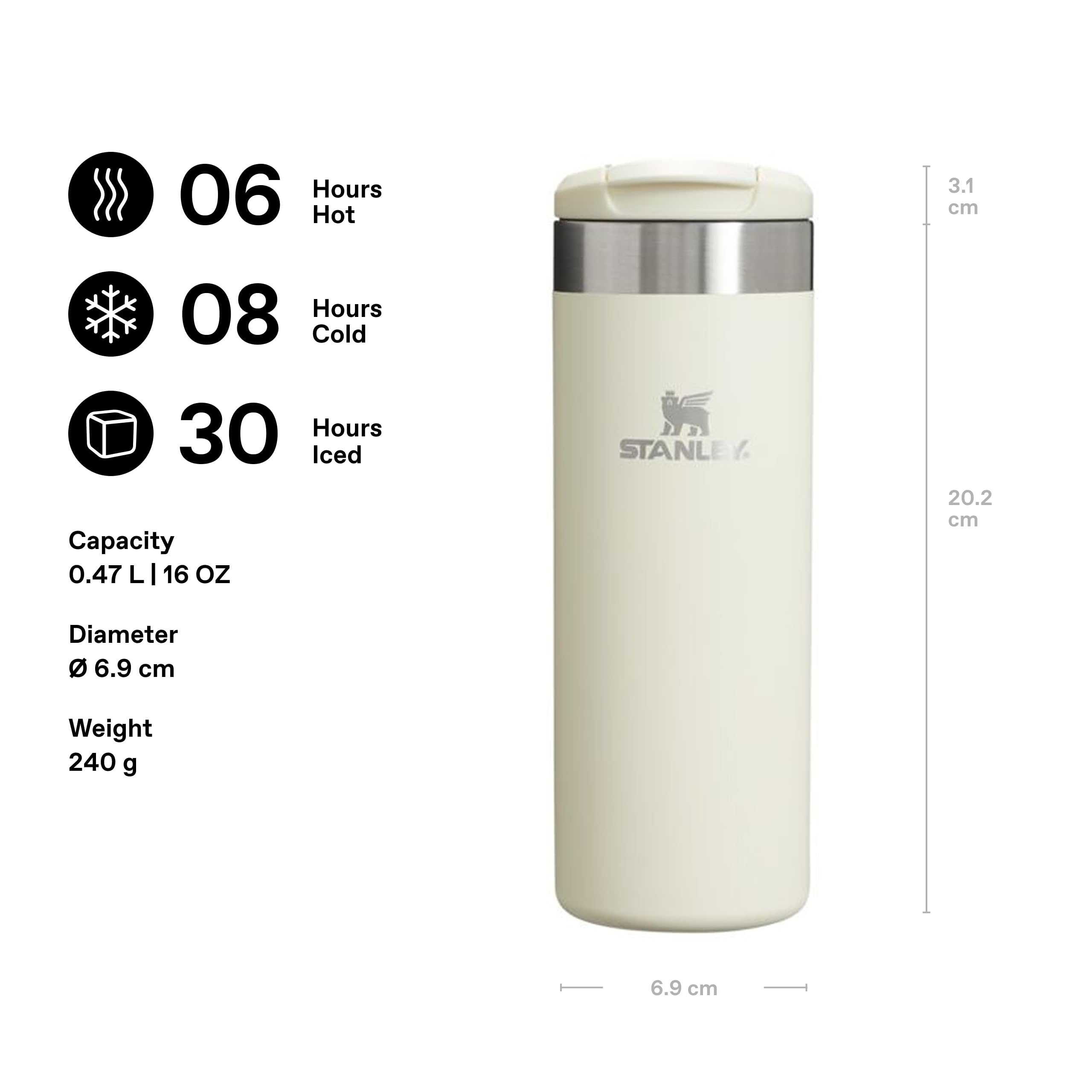 STANLEY Aerolight Transit Travel Mug 0.47L | 6 Hrs Hot, 8 Hrs Cold | Leakproof | Cream Gloss