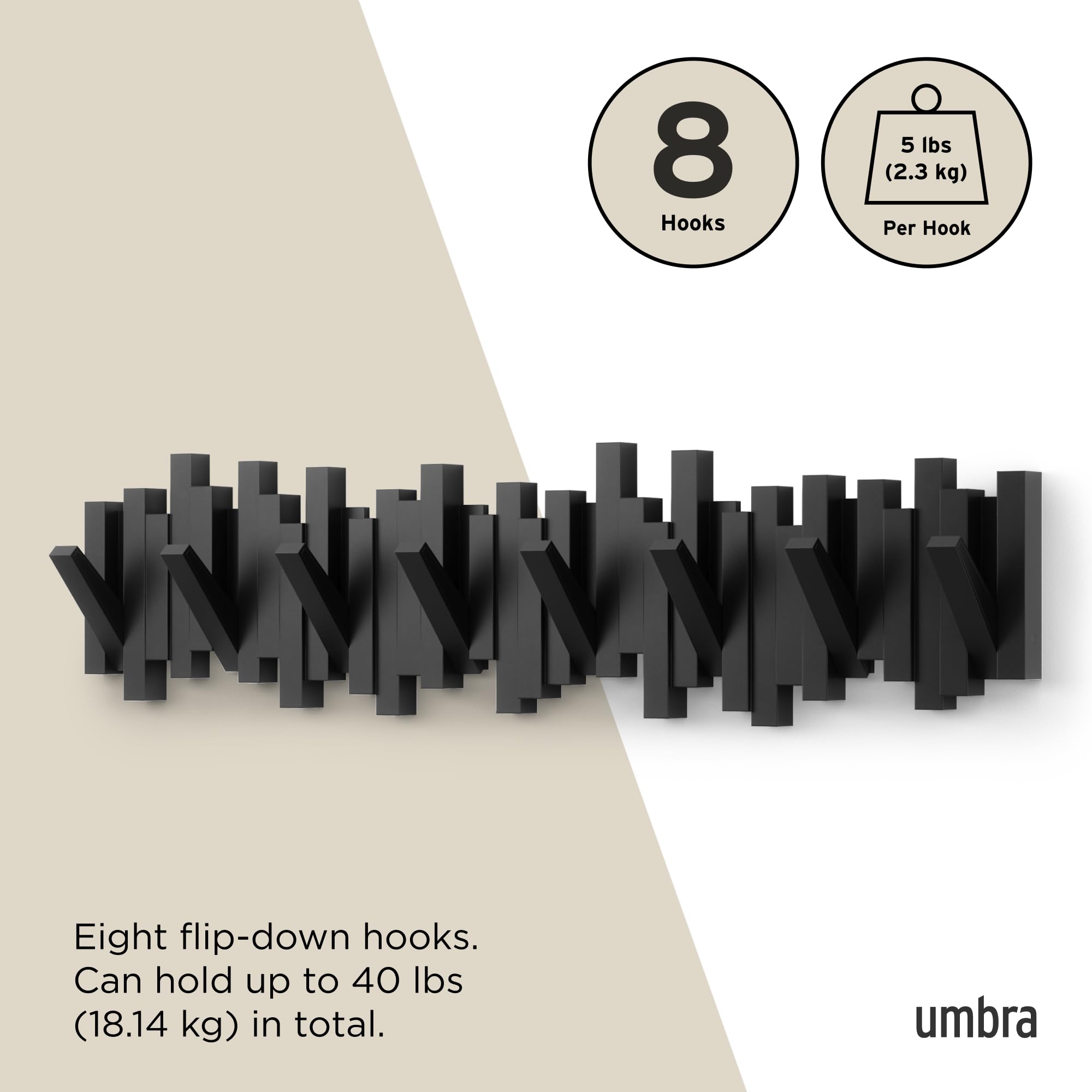 Umbra Sticks Wall-Mounted Coat Rack Rail Hook - 8 Retractable Pegs | Black | Polystyrene 5
