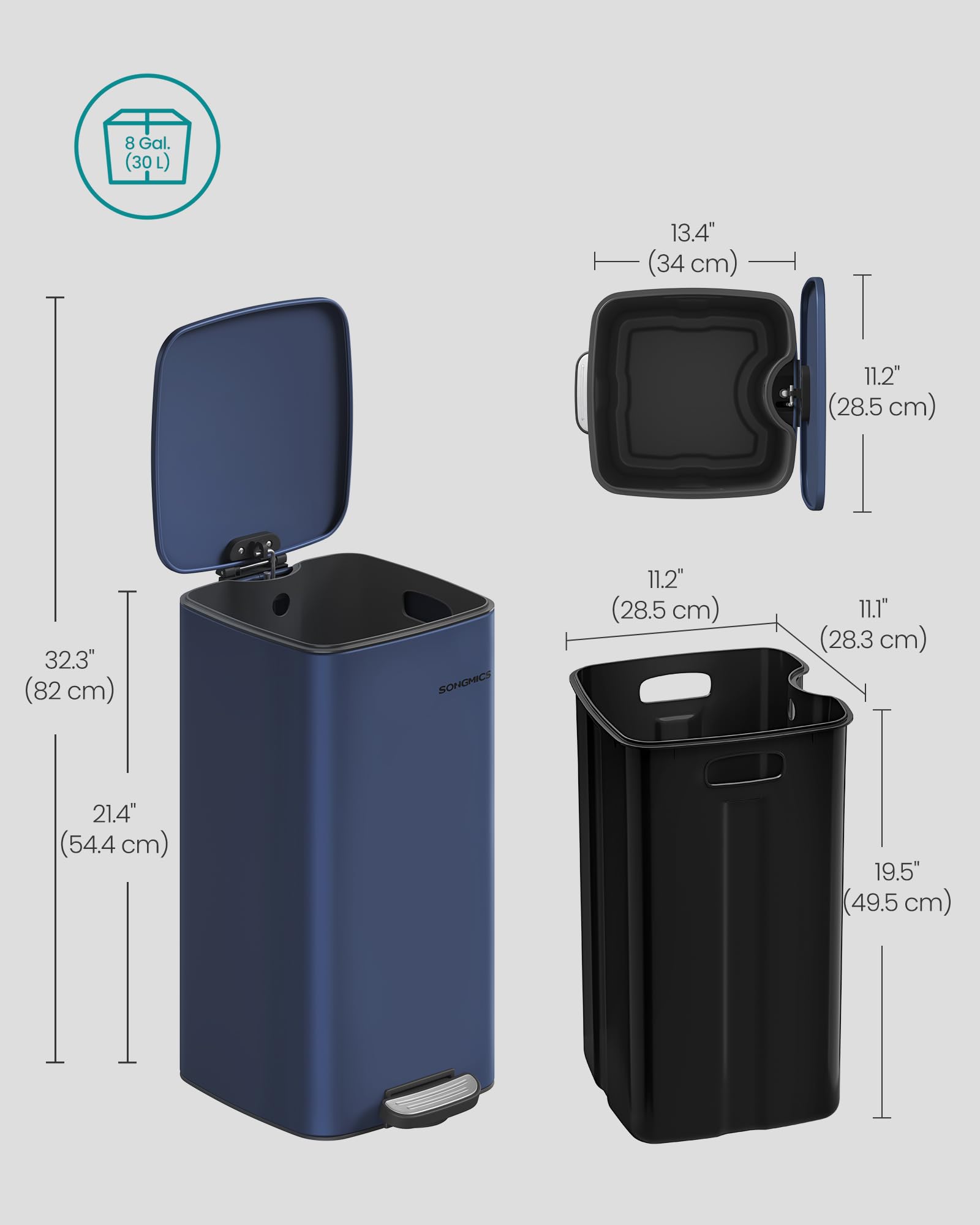 SONGMICS 8 Gallon (30 L) Kitchen Bin - Stainless Steel Pedal Bin with Soft-Close Lid | Midnight Blue 7